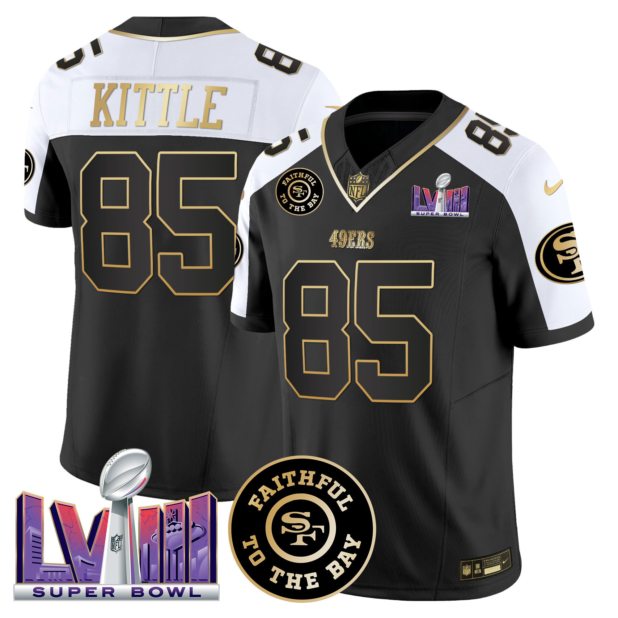 George Kittle Men's San Francisco 49ers  Faithful & Super Bowl LVIII Patch Vapor Black Alternate Jersey - All Stitched