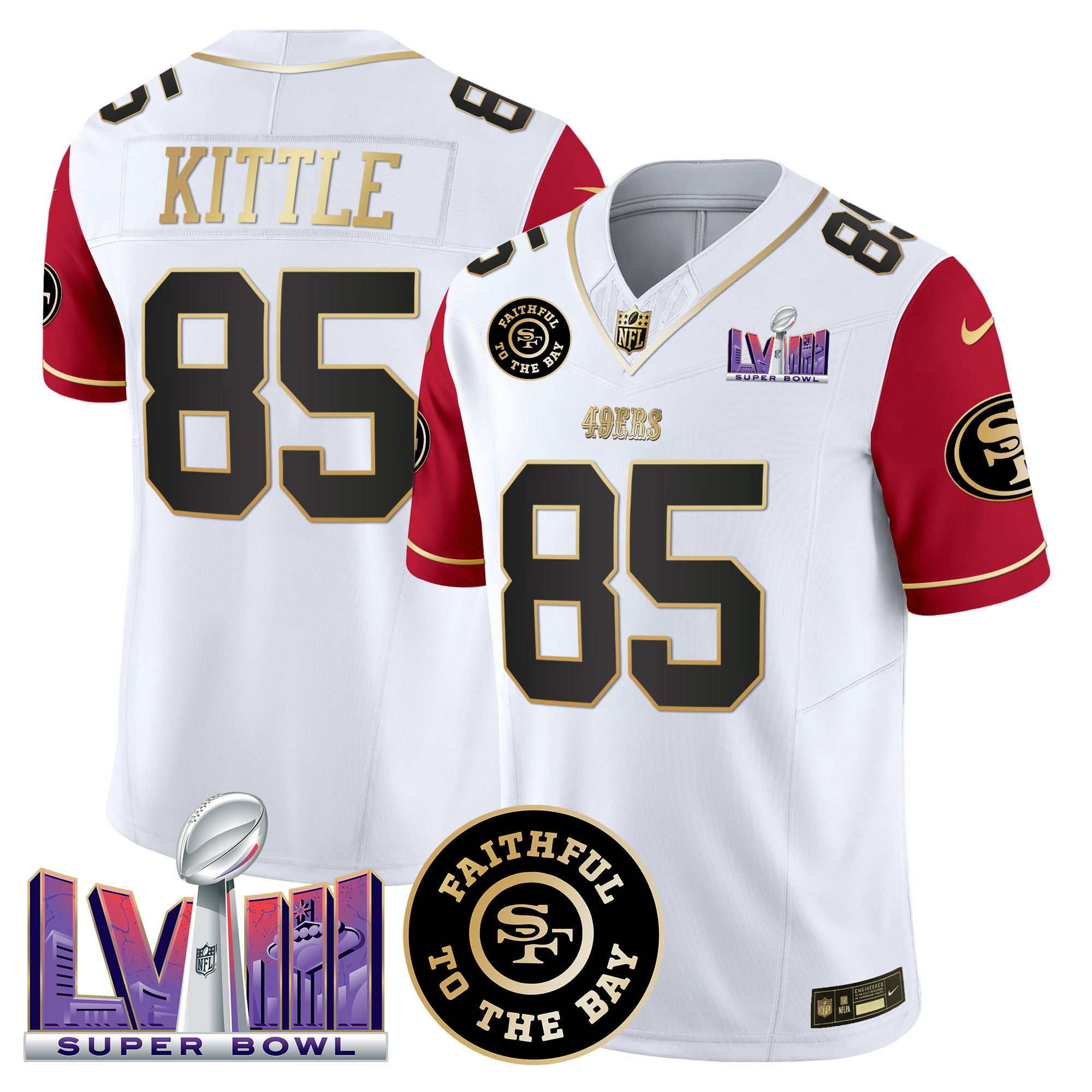 George Kittle Men's San Francisco 49ers  Faithful & Super Bowl LVIII Patch Vapor Color Sleeves Jersey - All Stitched
