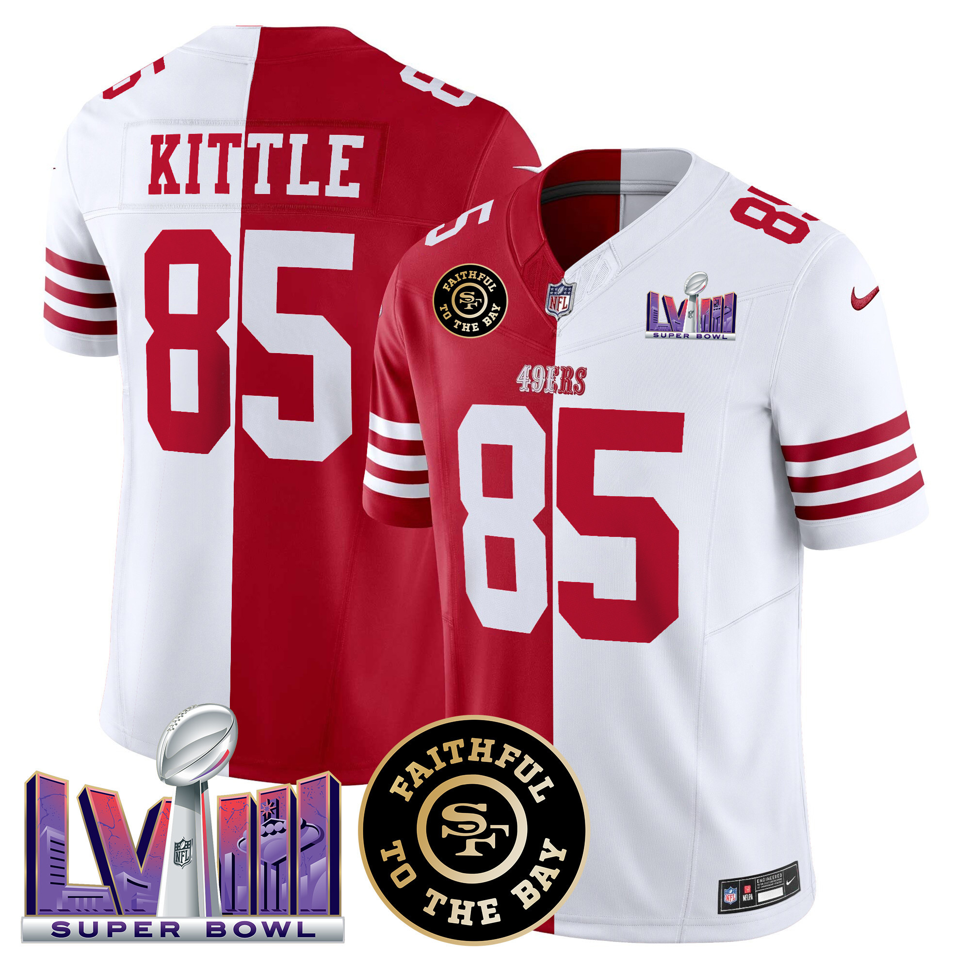 George Kittle Men's San Francisco 49ers  Faithful & Super Bowl LVIII Patch Vapor Split Jersey - All Stitched
