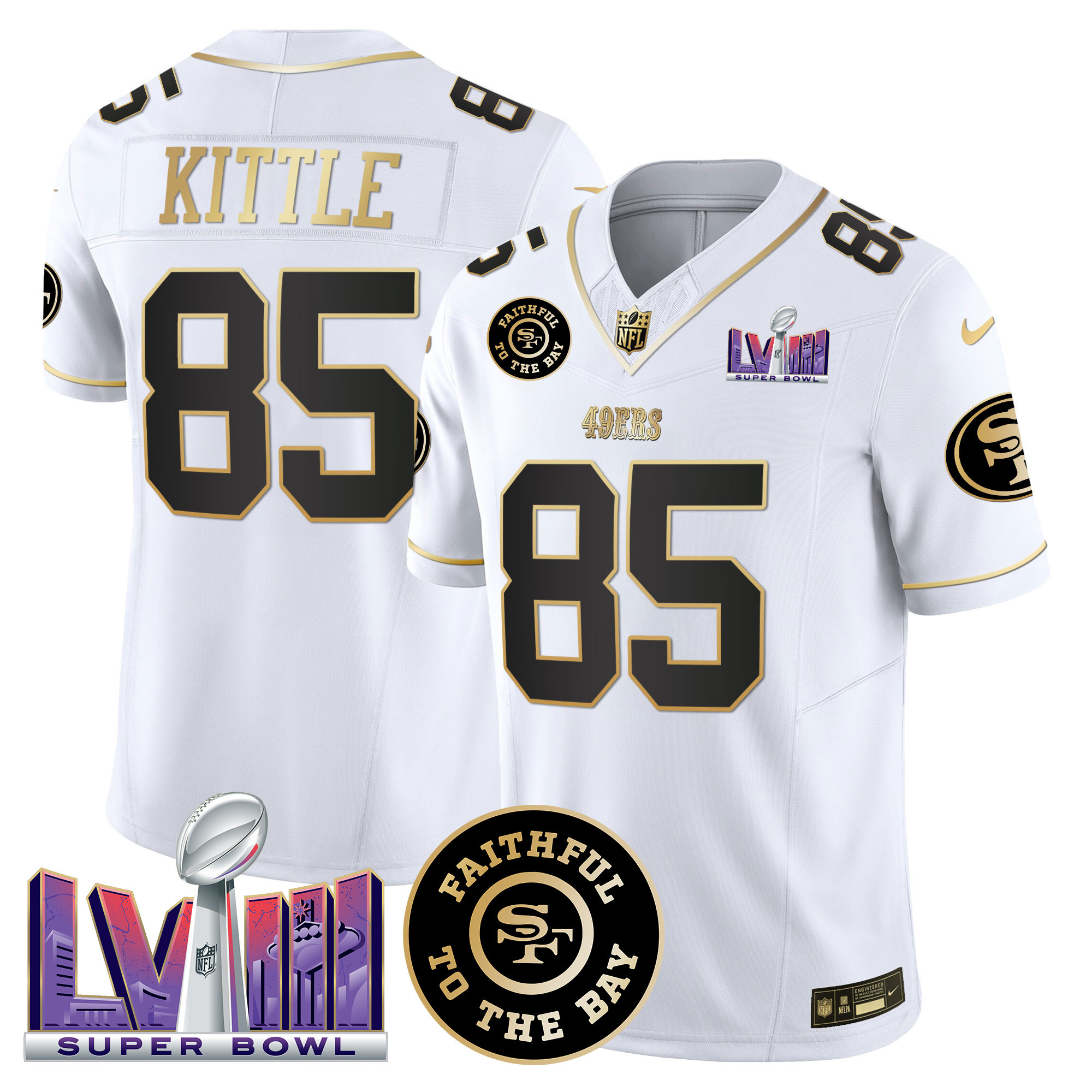 George Kittle Men's San Francisco 49ers  Faithful & Super Bowl LVIII Patch Vapor White Gold Jersey - All Stitched