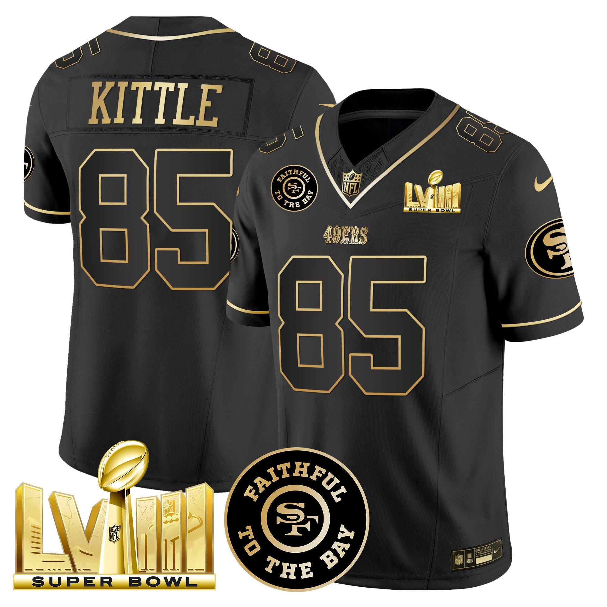 George Kittle San Francisco 49ers Faithful & Super Bowl LVIII Gold Patch Vapor Black Jersey - All Stitched