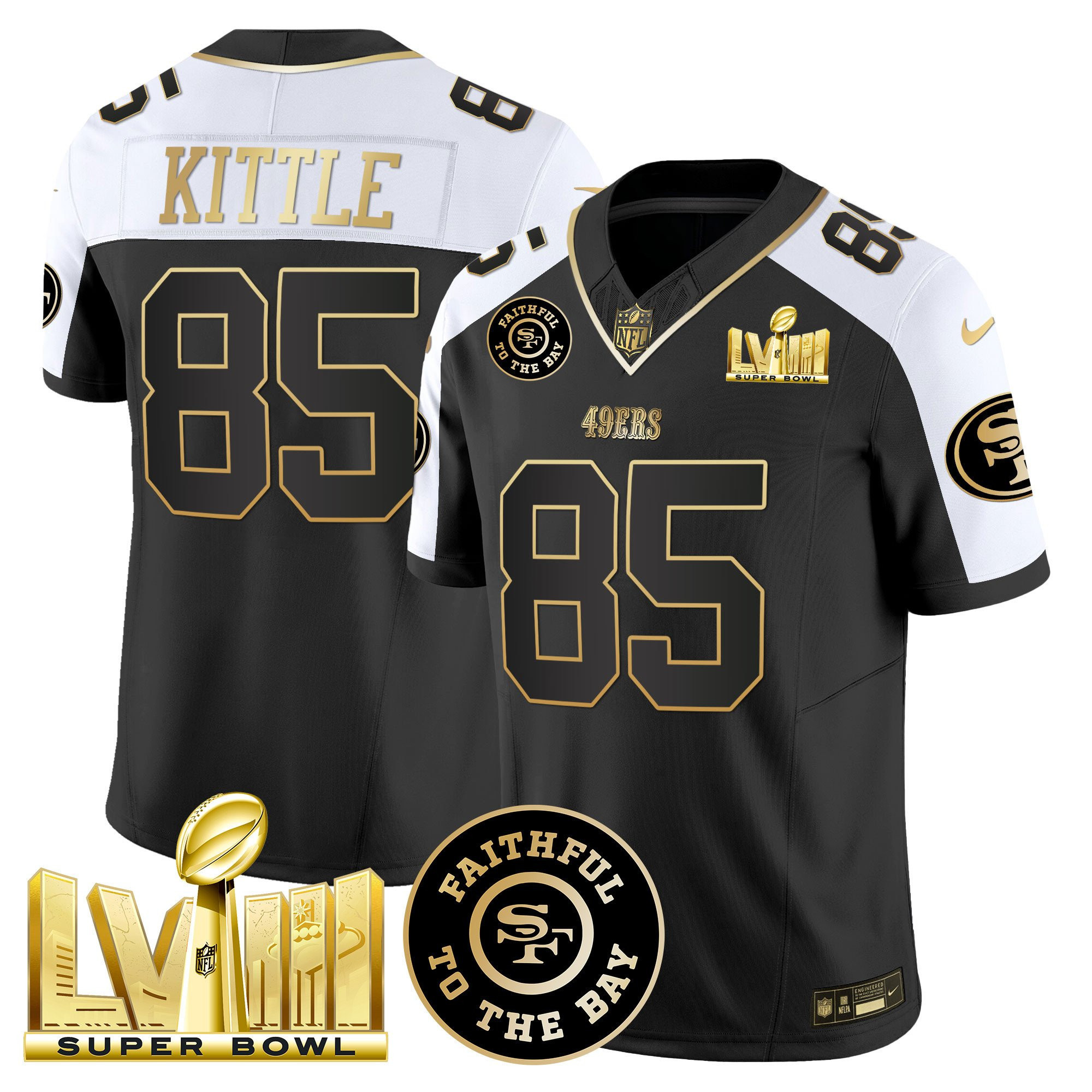 George Kittle San Francisco 49ers Faithful & Super Bowl LVIII Gold Patch Vapor Black/White Jersey - All Stitched