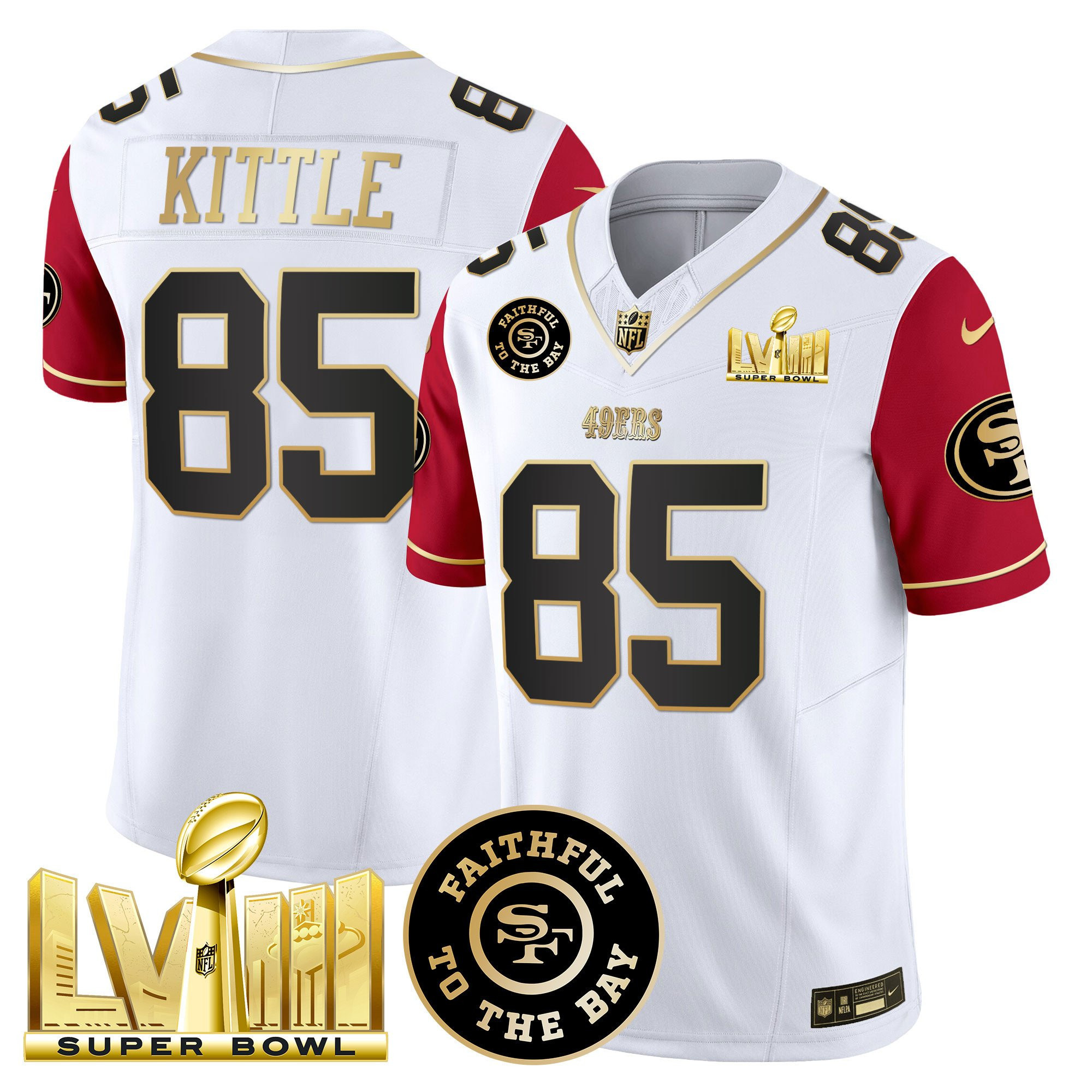 George Kittle San Francisco 49ers Faithful & Super Bowl LVIII Gold Patch Vapor White/Red Jersey - All Stitched