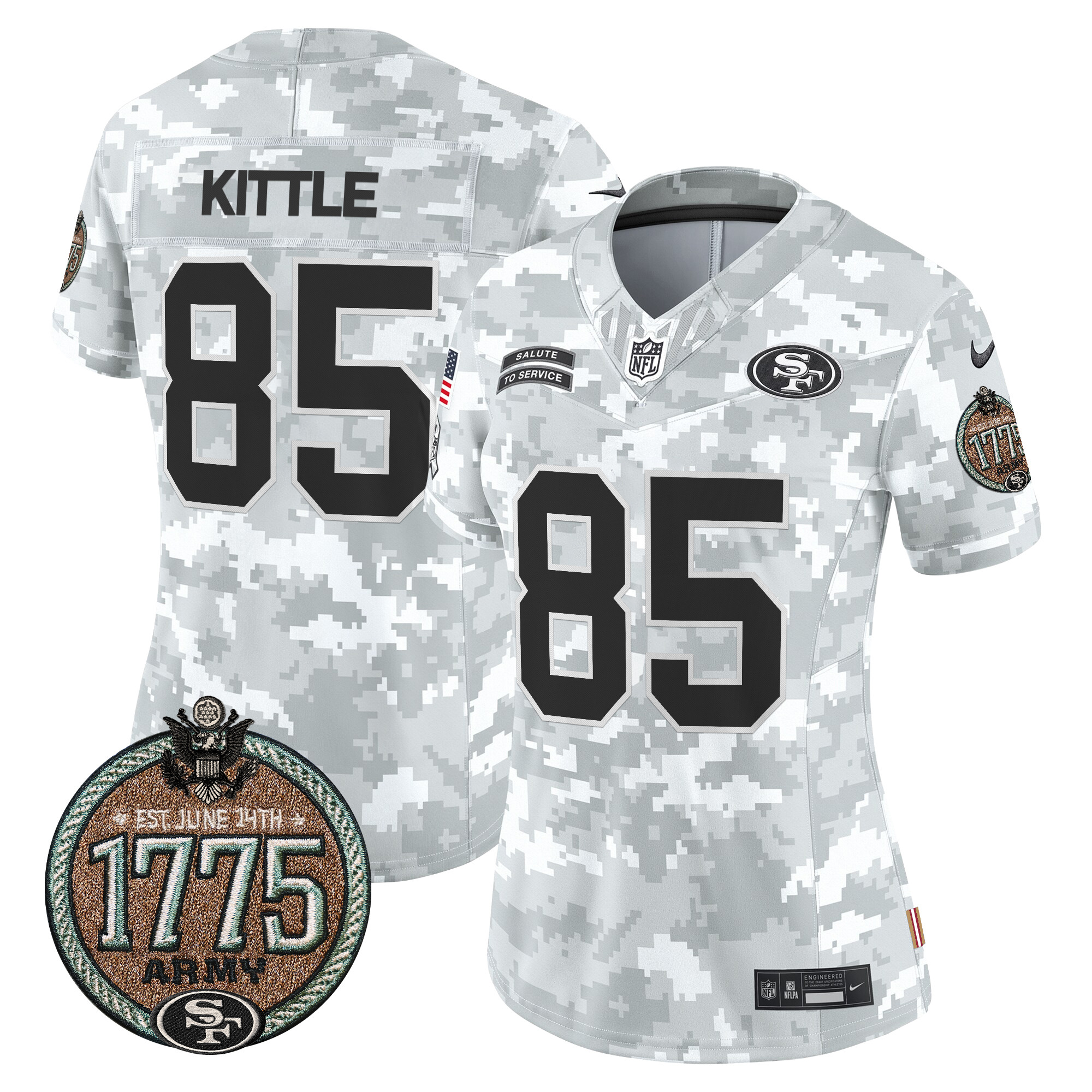 George Kittle Women's San Francisco 49ers 2024 Salute to Service Establishment Year Patch Vapor Limited Army Jersey - All Stitched