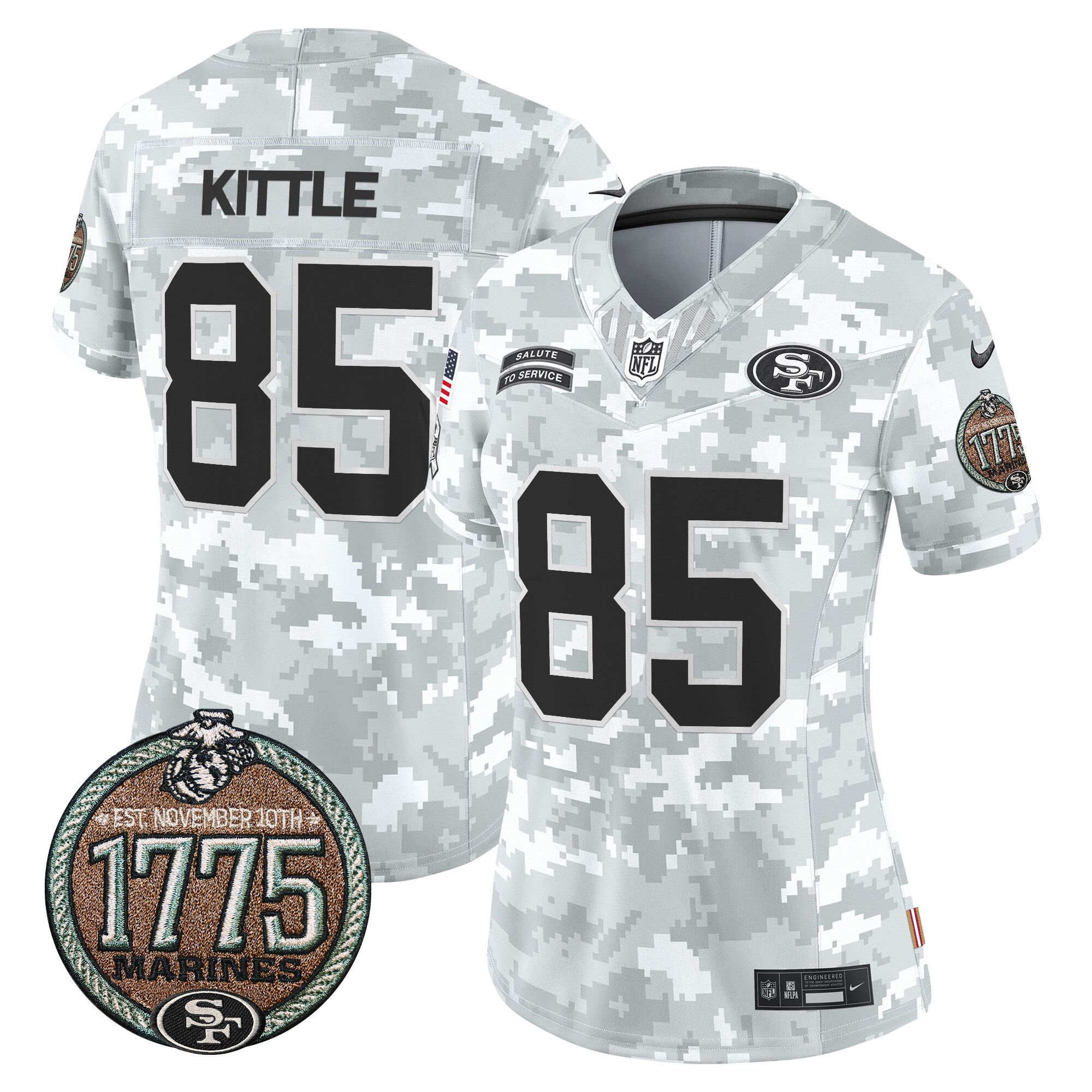 George Kittle Women's San Francisco 49ers 2024 Salute to Service Establishment Year Patch Vapor Limited Marines Jersey - All Stitched