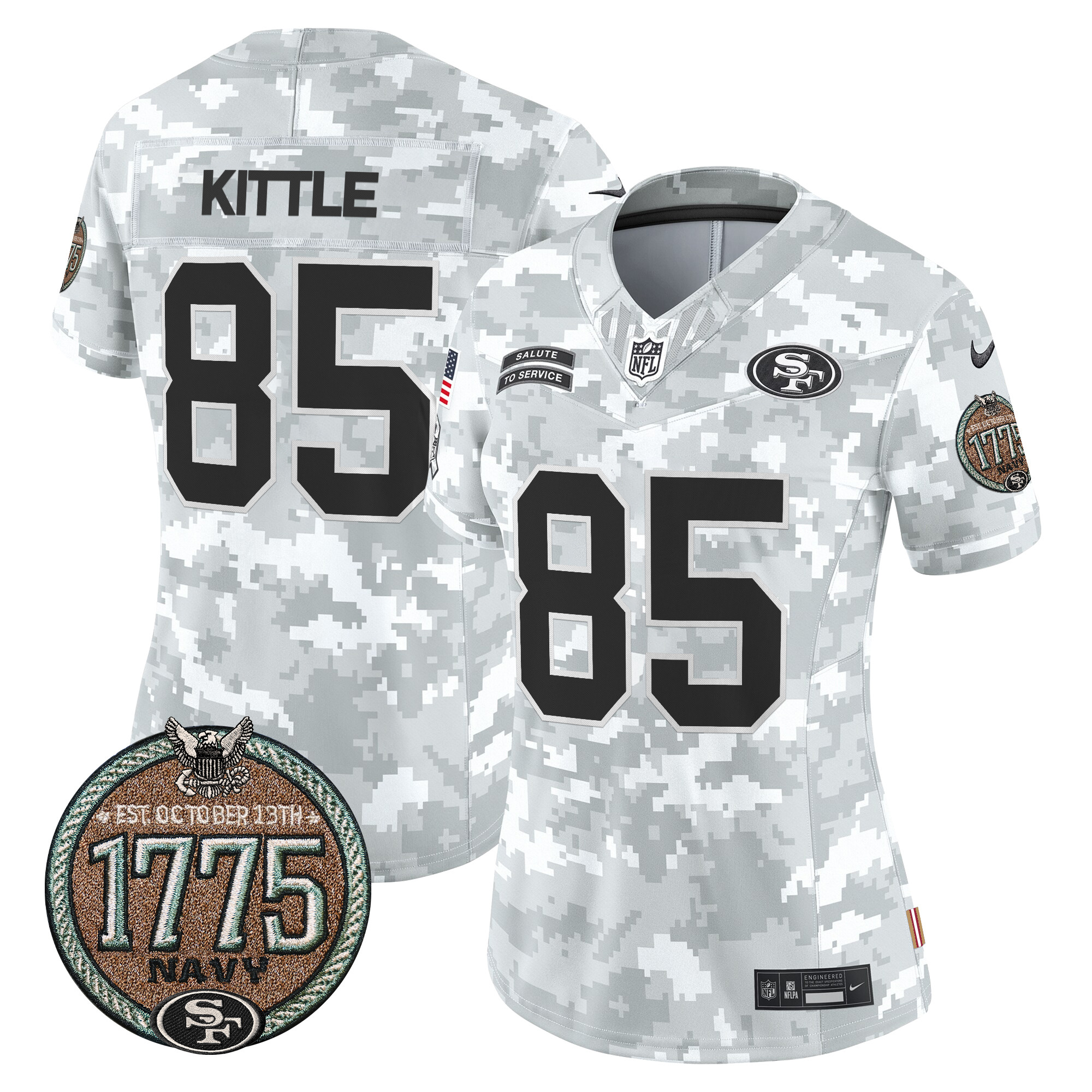 George Kittle Women's San Francisco 49ers 2024 Salute to Service Establishment Year Patch Vapor Limited Navy Jersey - All Stitched