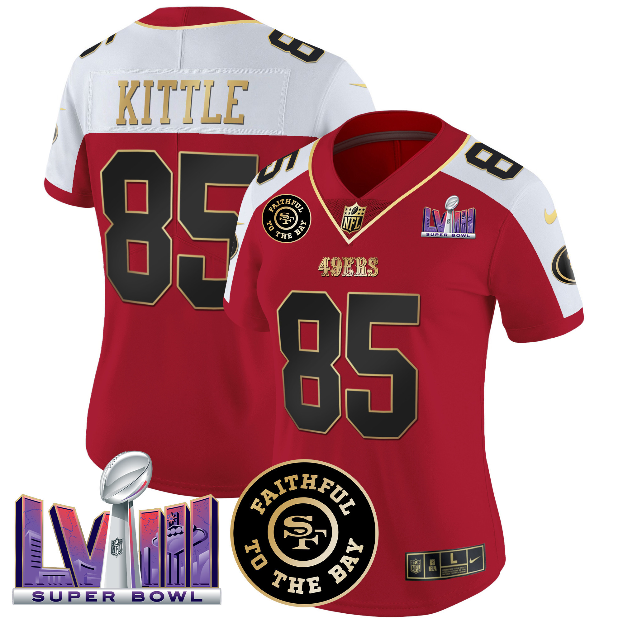 George Kittle Women's San Francisco 49ers  Faithful & Super Bowl LVIII Patch Vapor Alternate Jersey - All Stitched