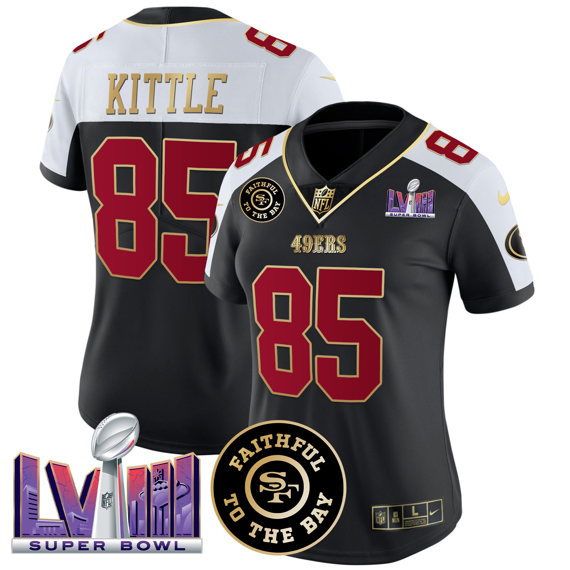 George Kittle Women's San Francisco 49ers  Faithful & Super Bowl LVIII Patch Vapor Black Alternate Jersey - All Stitched