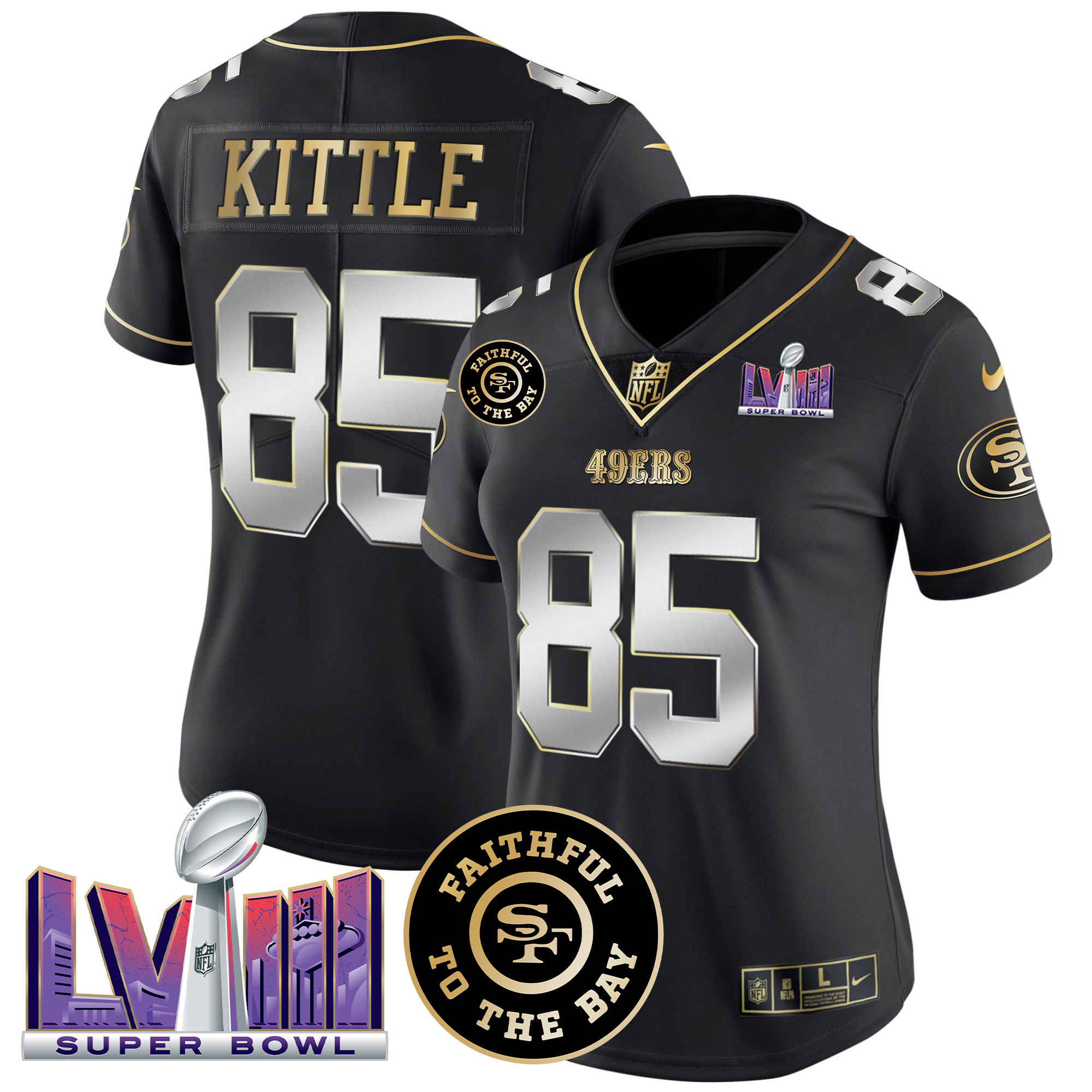 George Kittle Women's San Francisco 49ers  Faithful & Super Bowl LVIII Patch Vapor Black Limited Jersey - All Stitched