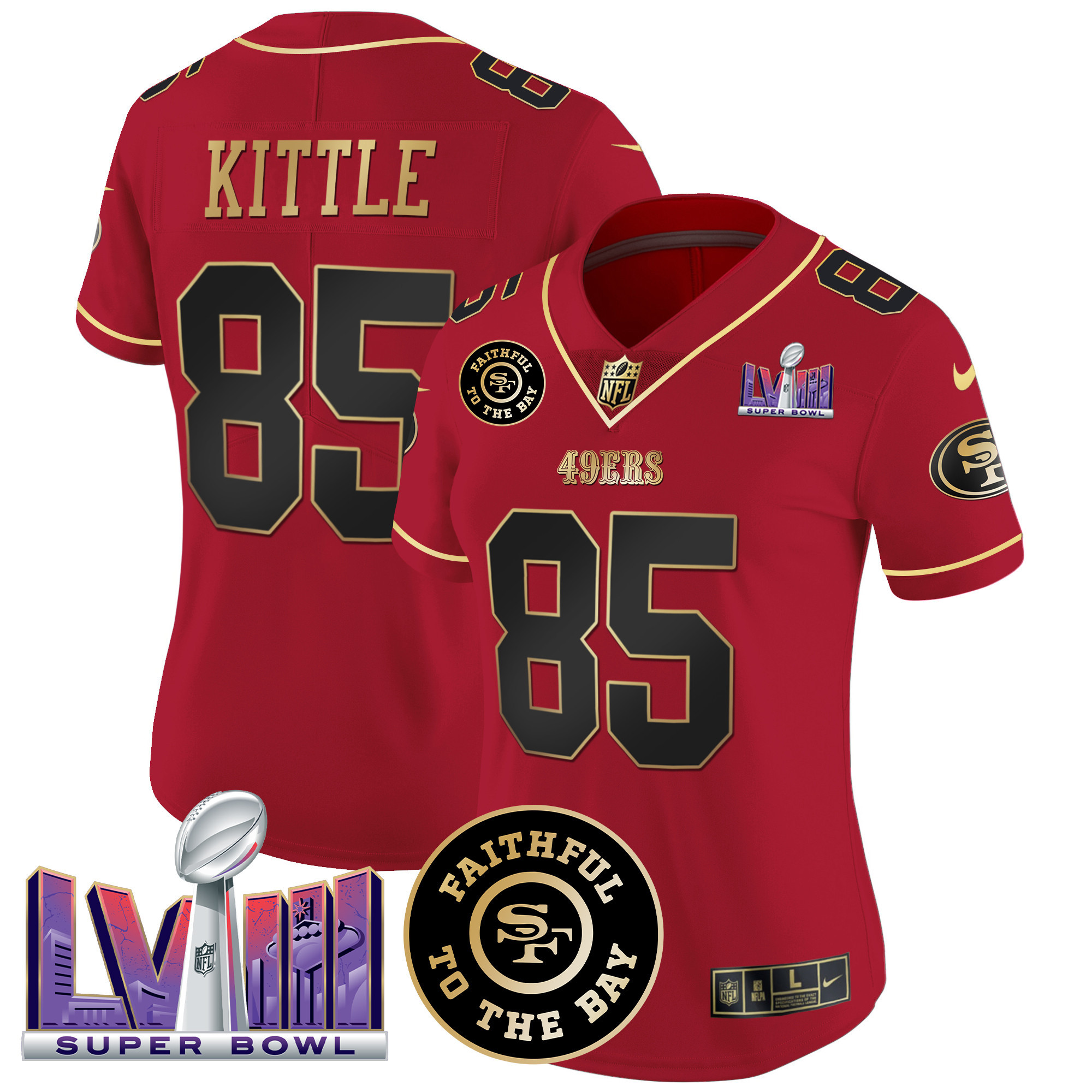 George Kittle Women's San Francisco 49ers  Faithful & Super Bowl LVIII Patch Vapor Scarlet Limited Jersey - All Stitched