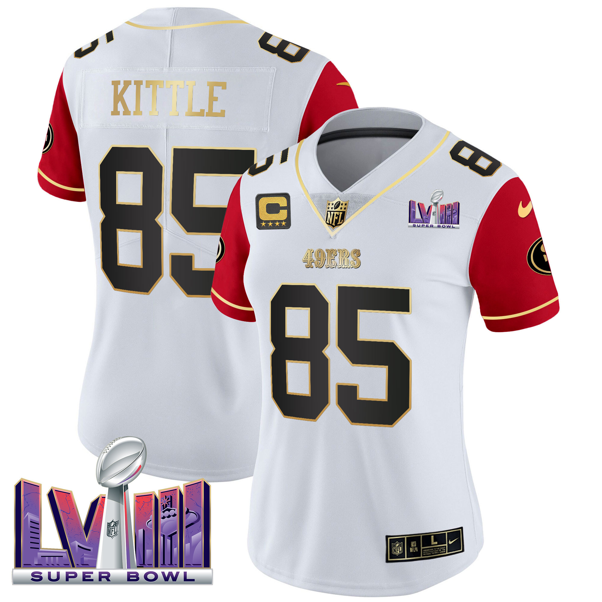 George Kittle Women's San Francisco 49ers  Super Bowl LVIII Patch Vapor Color Sleeves Jersey - All Stitched