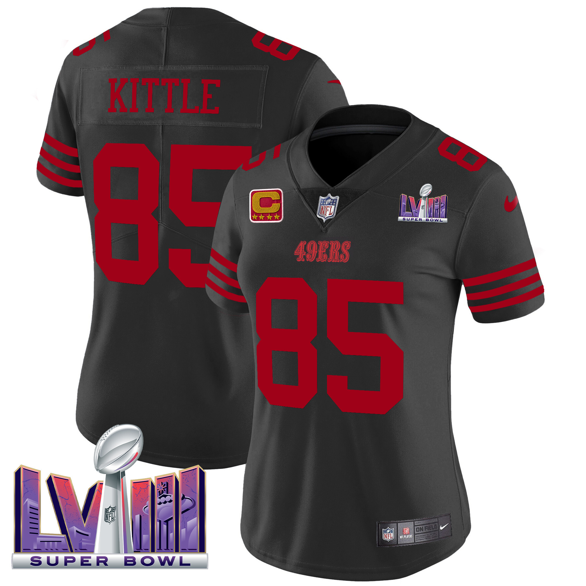 George Kittle Women's San Francisco 49ers Super Bowl LVIII Patch Vapor Limited Black Jersey - All Stitched