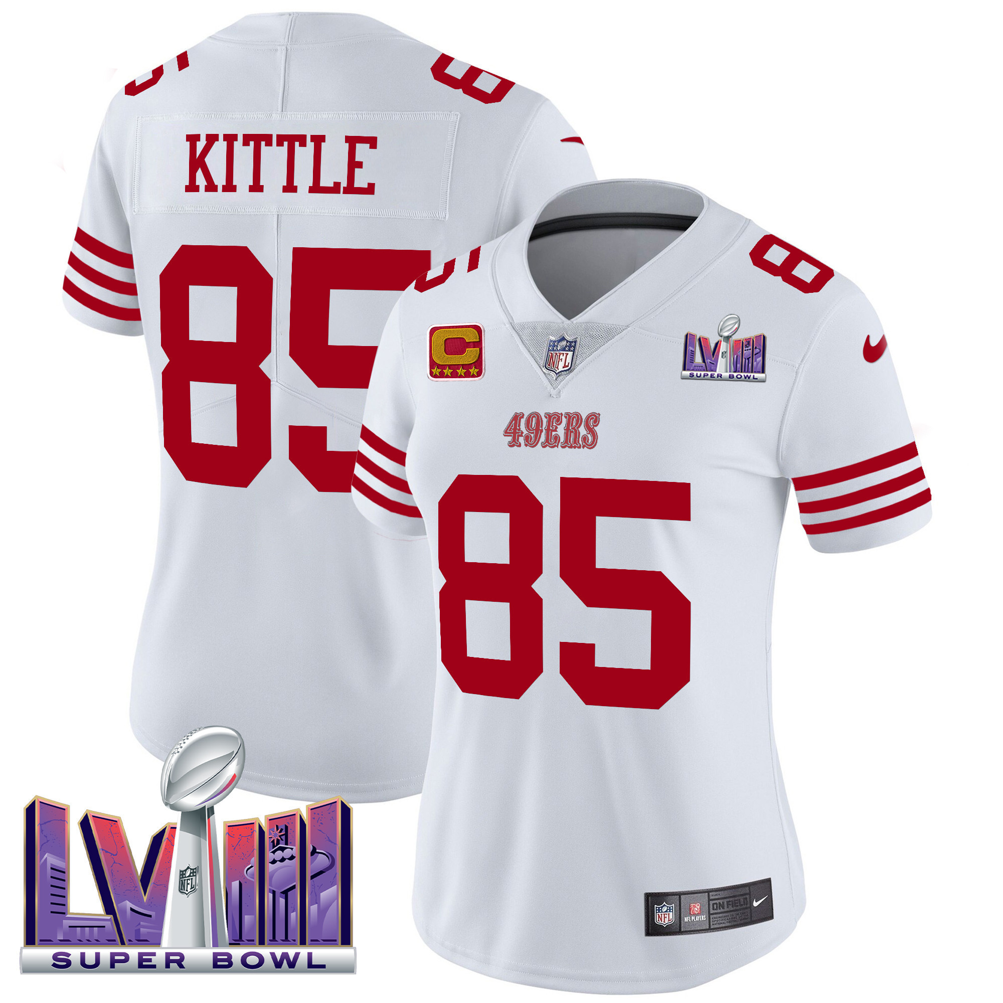 George Kittle Women's San Francisco 49ers Super Bowl LVIII Patch Vapor Limited White Jersey - All Stitched