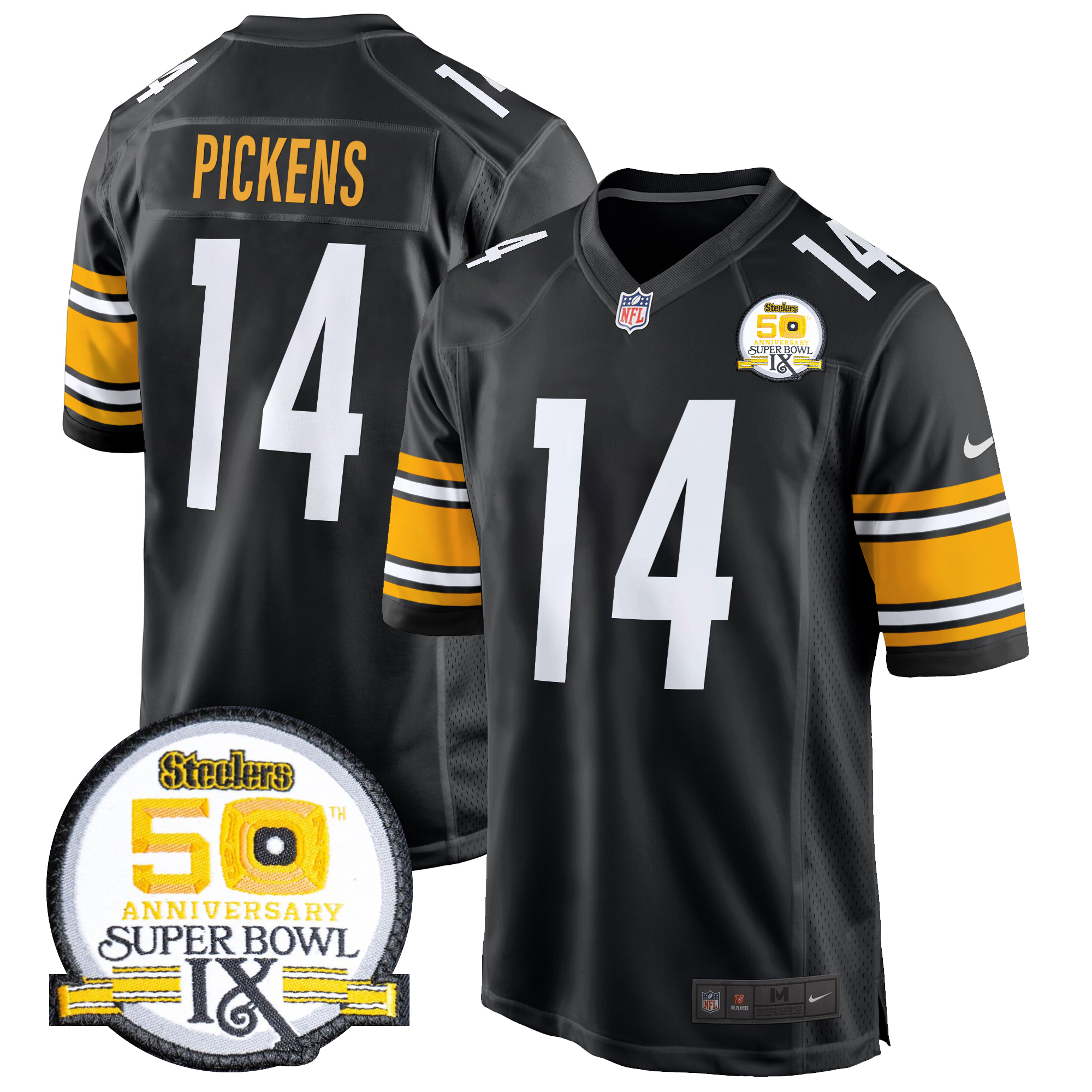 George Pickens Men's Pittsburgh Steelers 50th Anniversary Of Super Bowl IX Patch Game Black Jersey - All Stitched