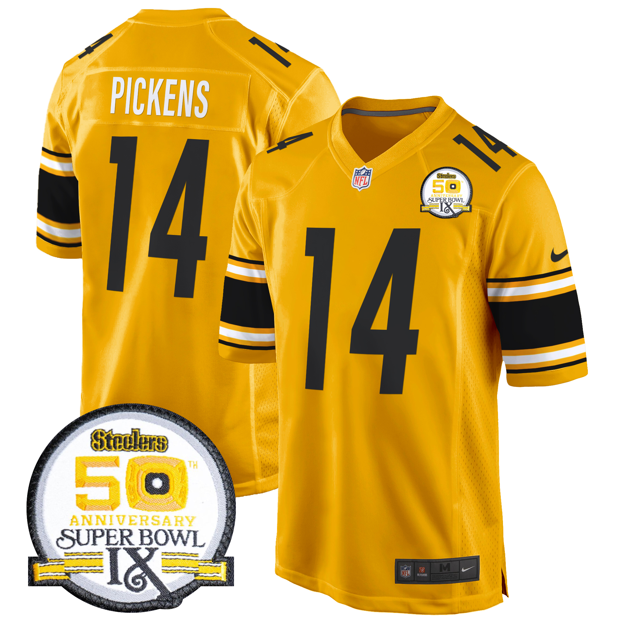 George Pickens Men's Pittsburgh Steelers 50th Anniversary Of Super Bowl IX Patch Game Gold Jersey - All Stitched