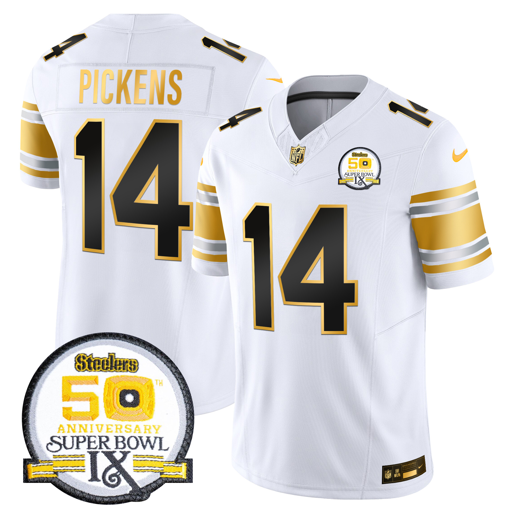 George Pickens Men's Pittsburgh Steelers 50th Anniversary of Super Bowl IX Patch Gold Vapor Limited White Gold Jersey - All Stitched