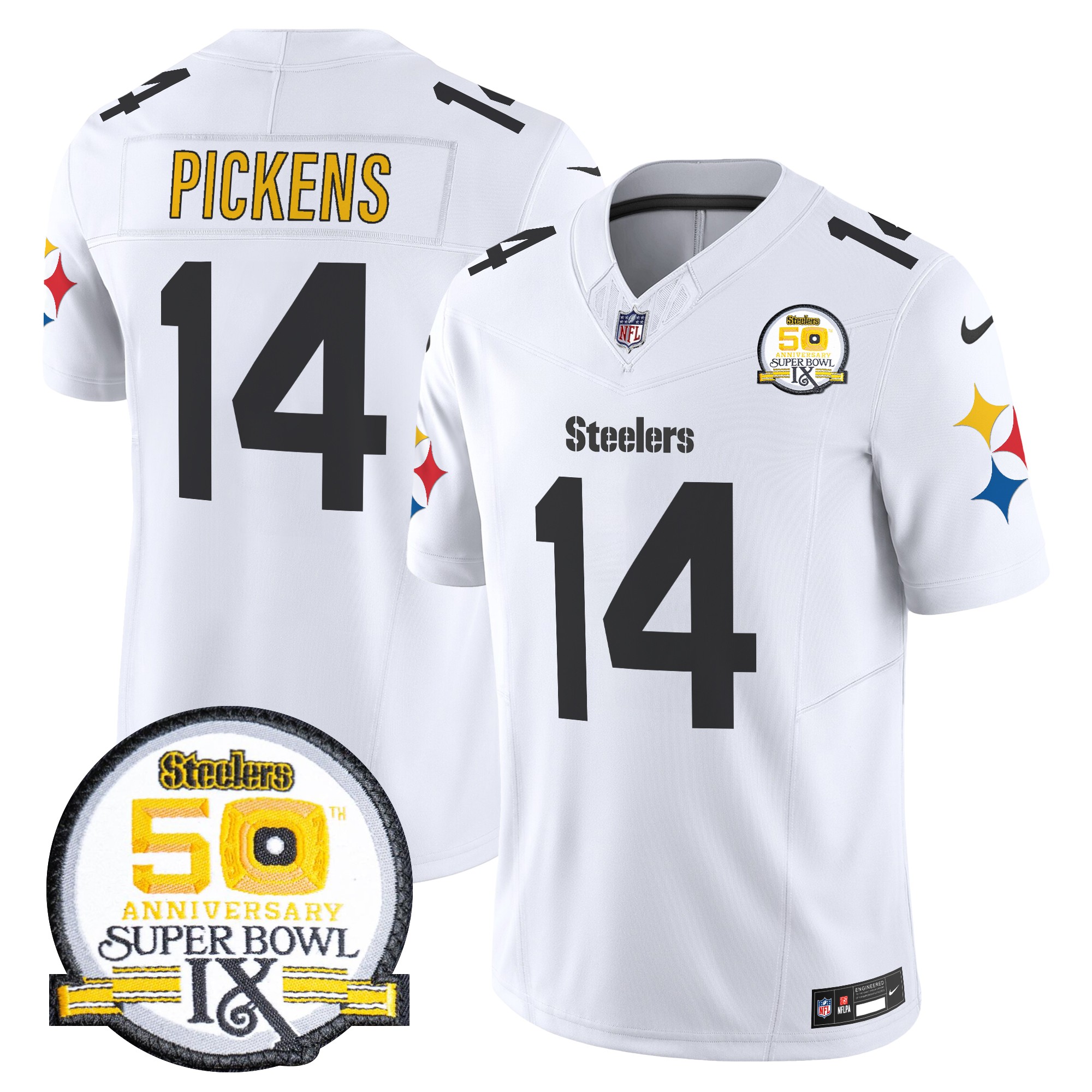 George Pickens Men's Pittsburgh Steelers 50th Anniversary Of Super Bowl IX Patch Vapor Limited 1975 White Jersey - All Stitched