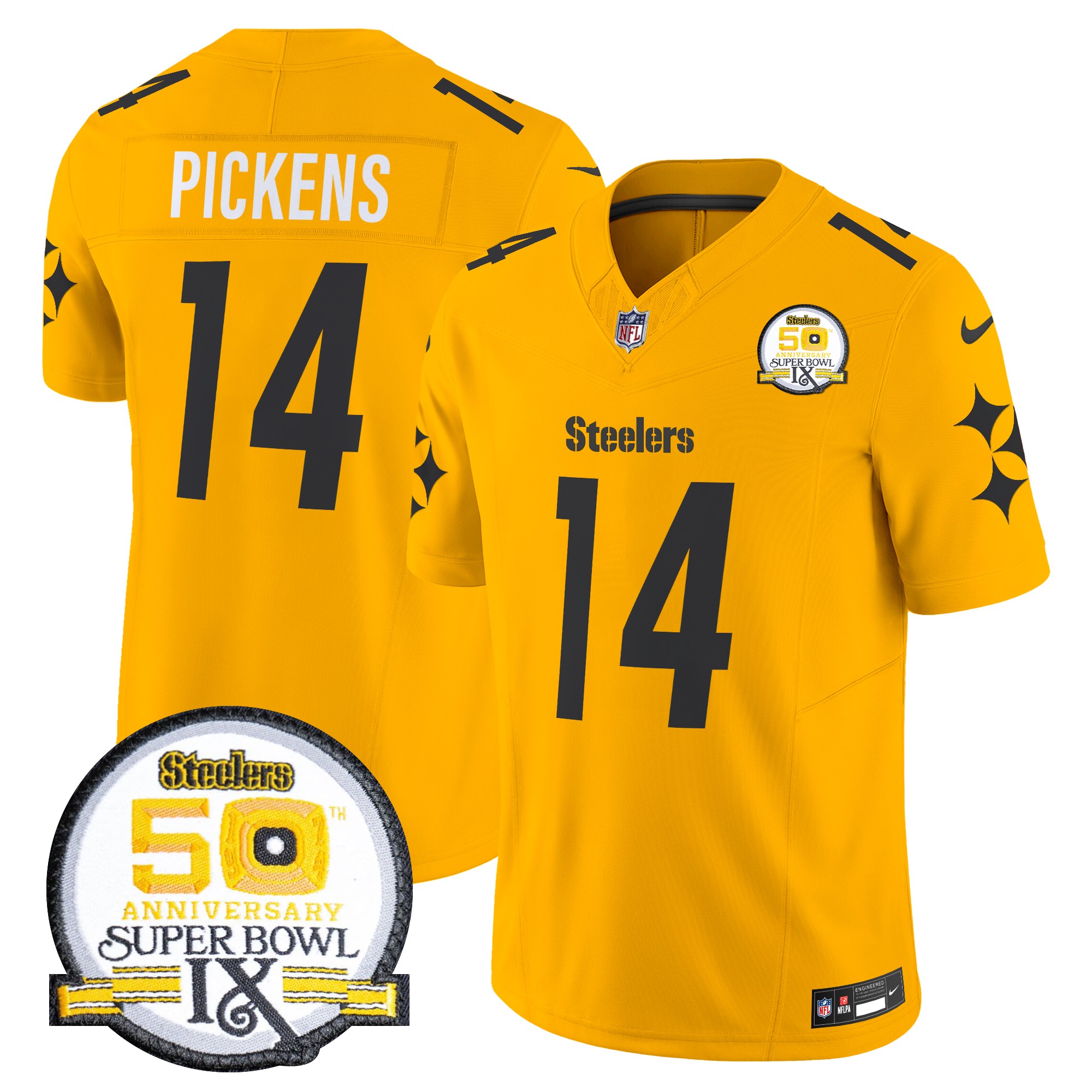 George Pickens Men's Pittsburgh Steelers 50th Anniversary Of Super Bowl IX Patch Vapor Limited Gold Jersey - All Stitched