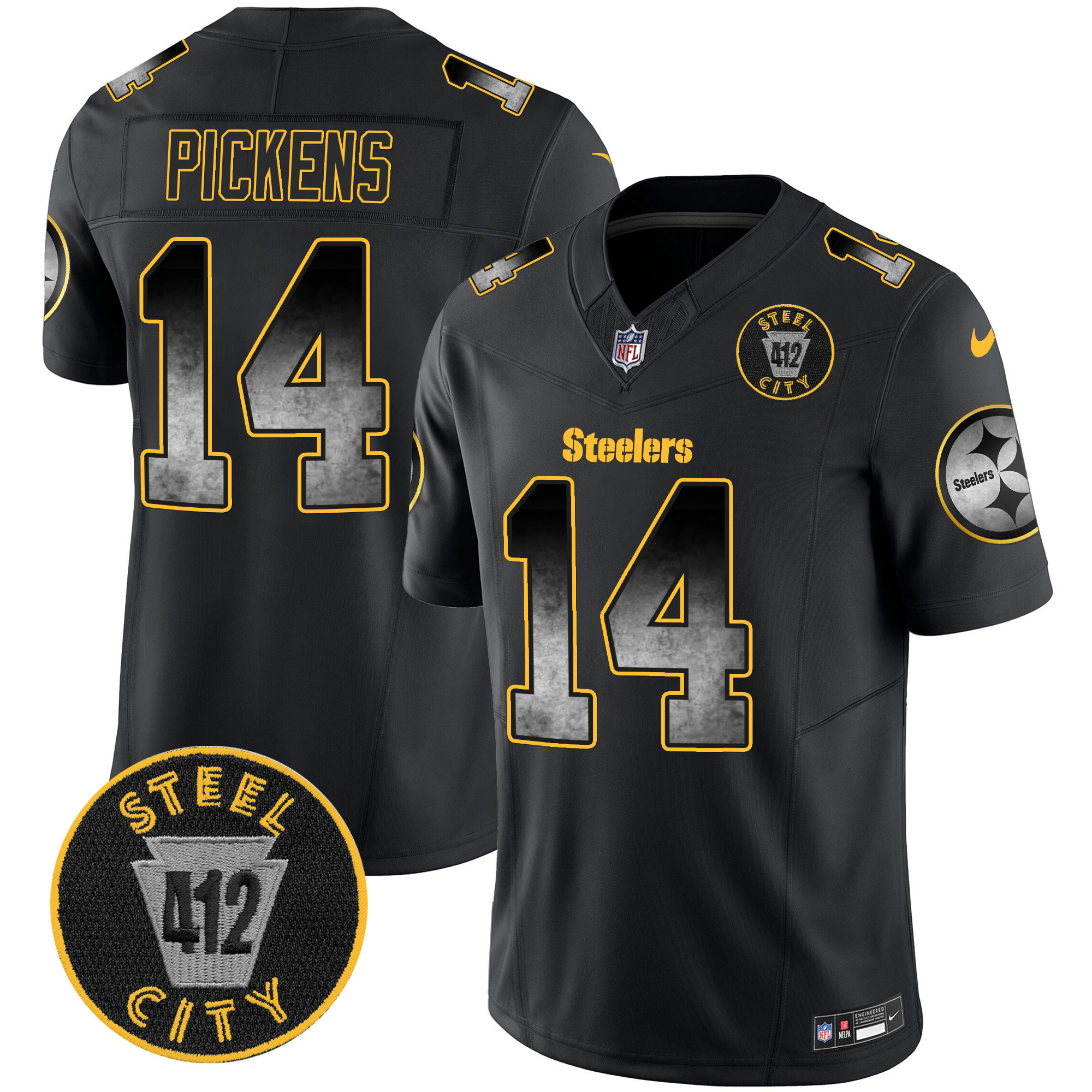George Pickens Men's Pittsburgh Steelers Arch Smoke 412 Patch Vapor Limited Black Jersey - All Stitched