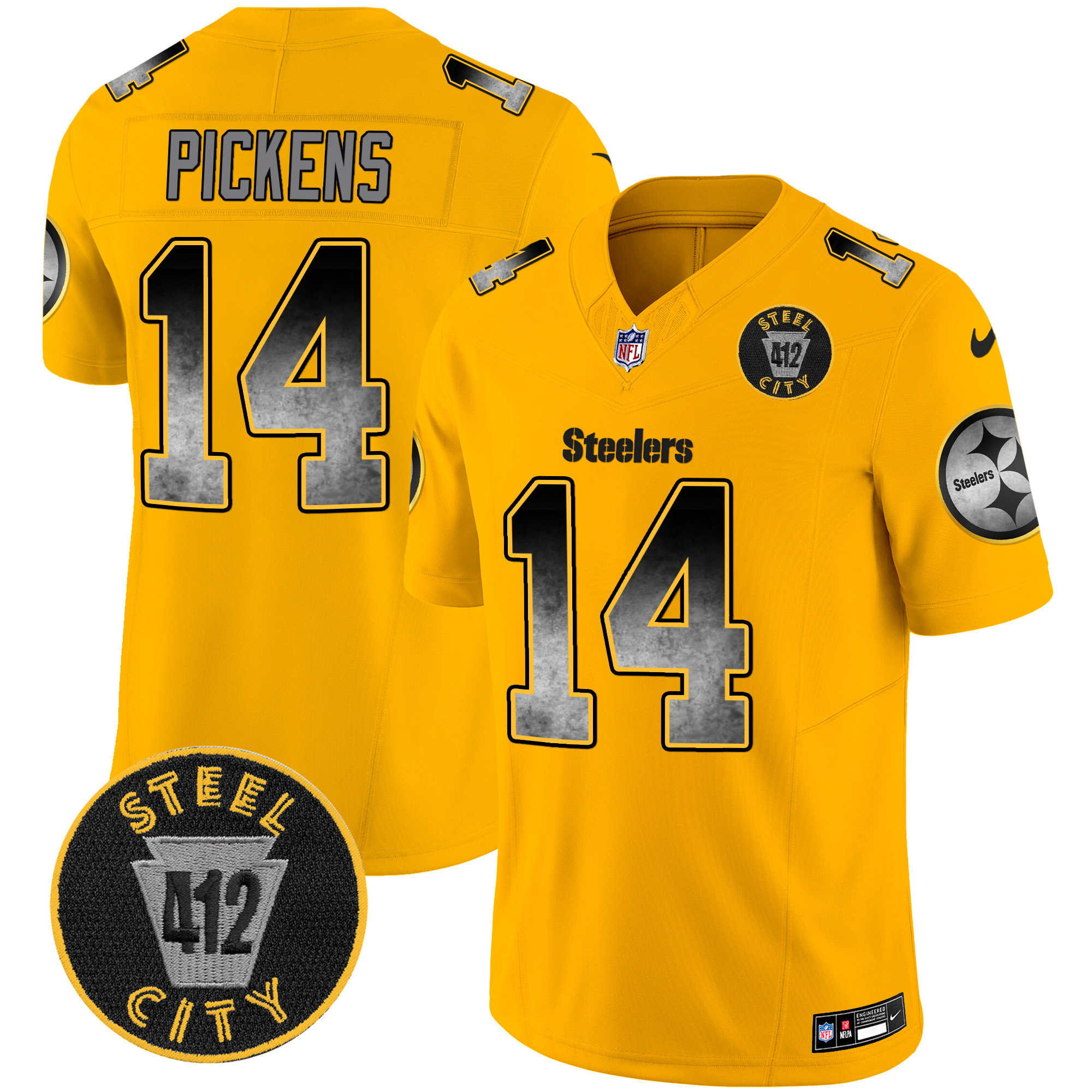 George Pickens Men's Pittsburgh Steelers Arch Smoke 412 Patch Vapor Limited Gold Jersey - All Stitched