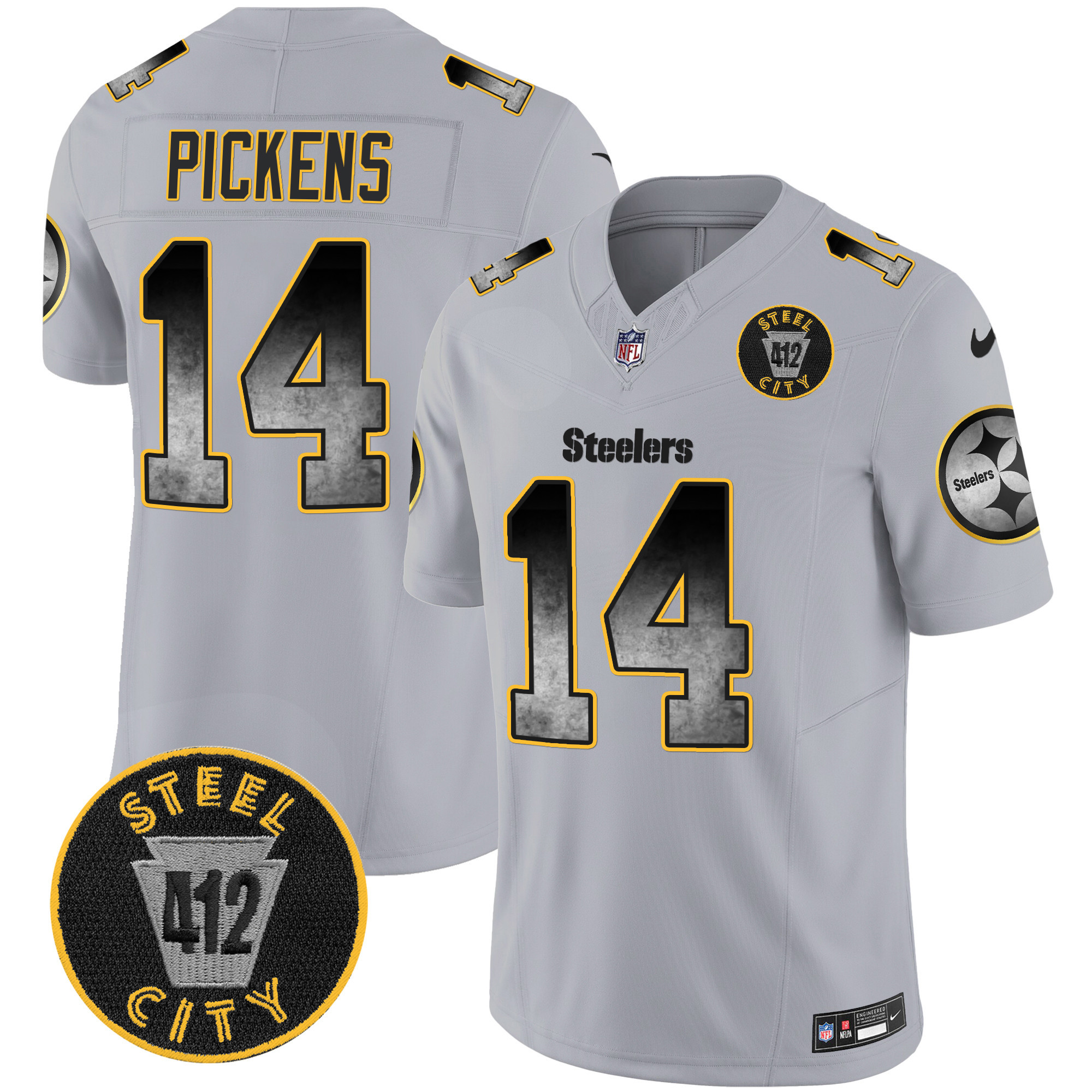 George Pickens Men's Pittsburgh Steelers Arch Smoke 412 Patch Vapor Limited Gray Jersey - All Stitched