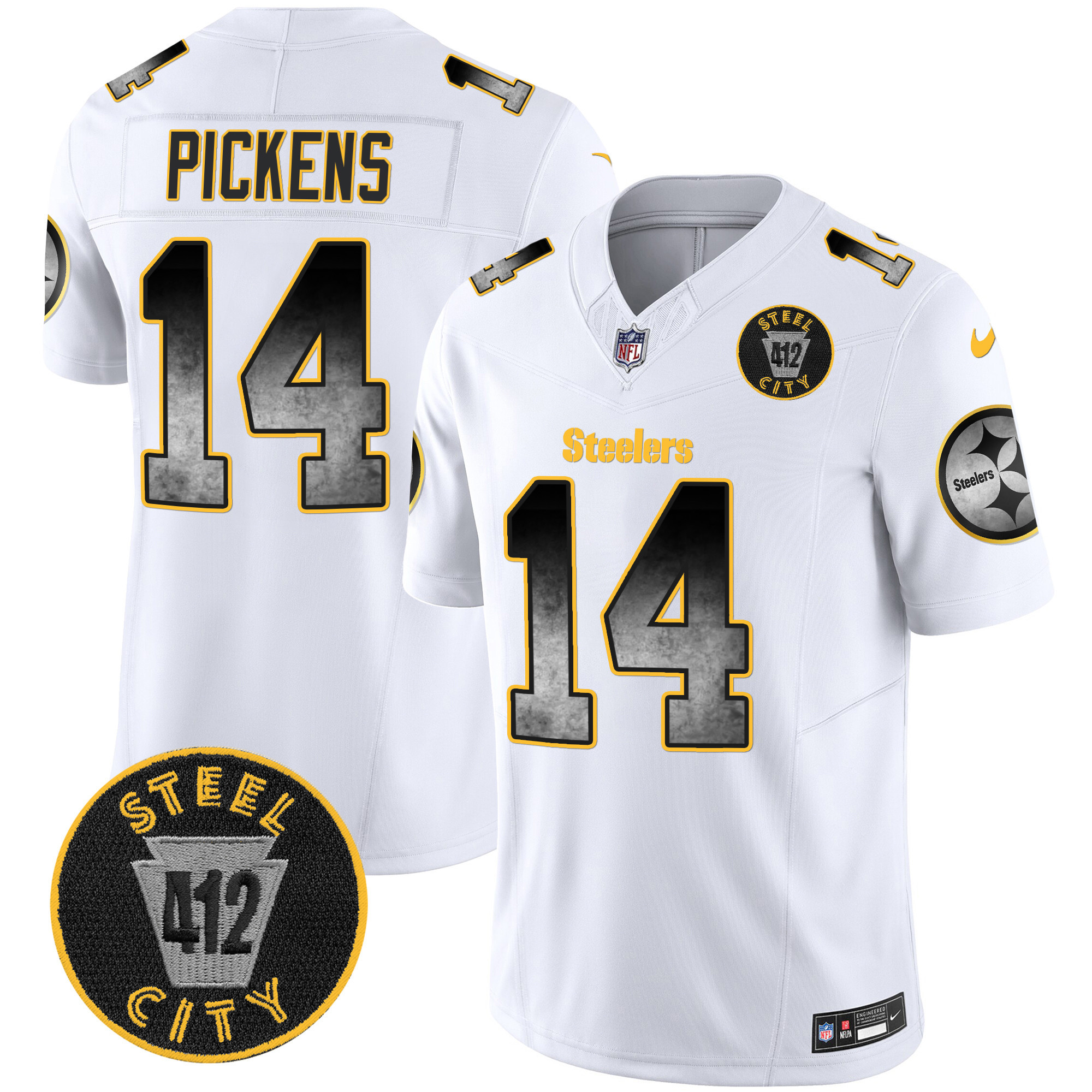 George Pickens Men's Pittsburgh Steelers Arch Smoke 412 Patch Vapor Limited White Jersey - All Stitched
