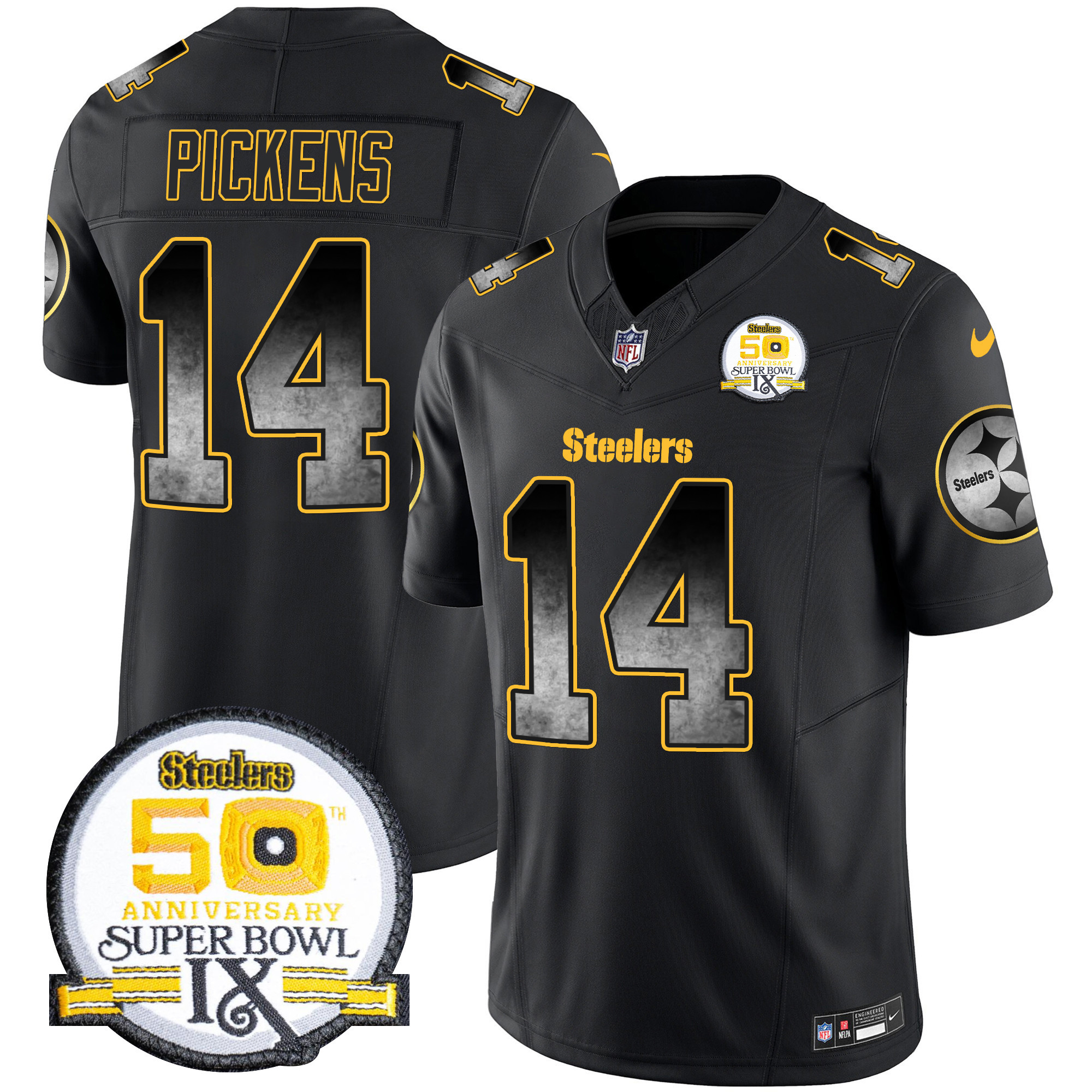 George Pickens Men's Pittsburgh Steelers Arch Smoke 50th Anniversary Of Super Bowl IX Patch Vapor Limited Black Jersey - All Stitched
