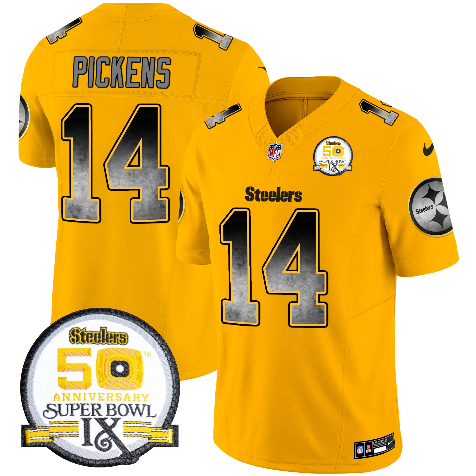 George Pickens Men's Pittsburgh Steelers Arch Smoke 50th Anniversary Of Super Bowl IX Patch Vapor Limited Gold Jersey - All Stitched