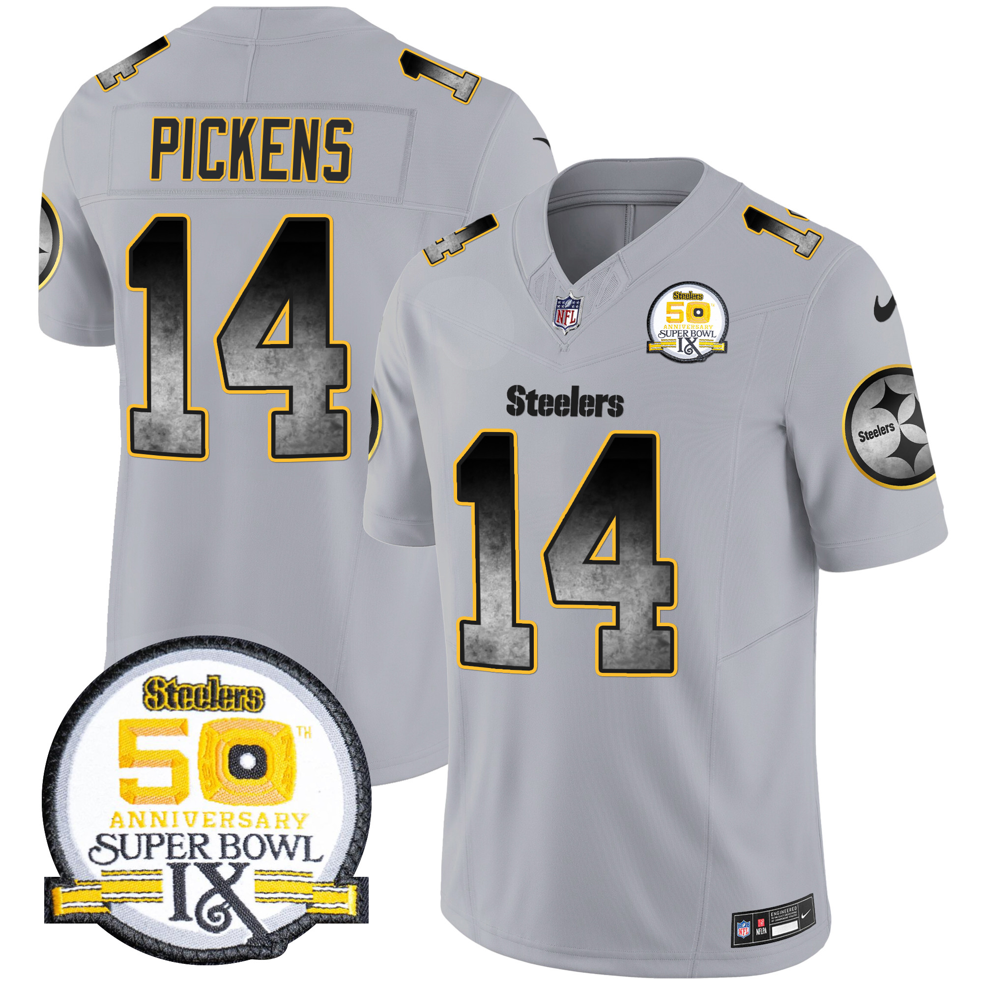George Pickens Men's Pittsburgh Steelers Arch Smoke 50th Anniversary Of Super Bowl IX Patch Vapor Limited Gray Jersey - All Stitched