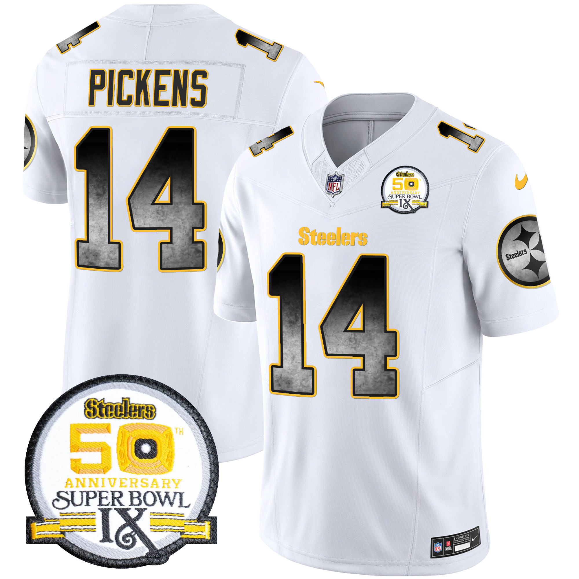 George Pickens Men's Pittsburgh Steelers Arch Smoke 50th Anniversary Of Super Bowl IX Patch Vapor Limited White Jersey - All Stitched