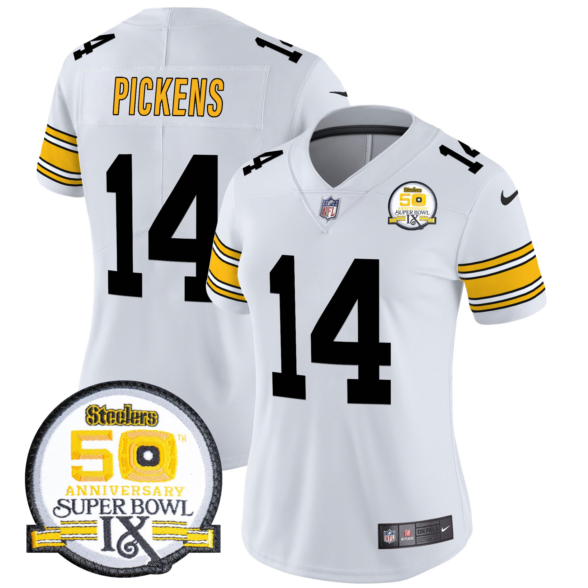 George Pickens Women's Pittsburgh Steelers 50th Anniversary Of Super Bowl IX Patch Vapor Limited 1975 White Jersey - All Stitched