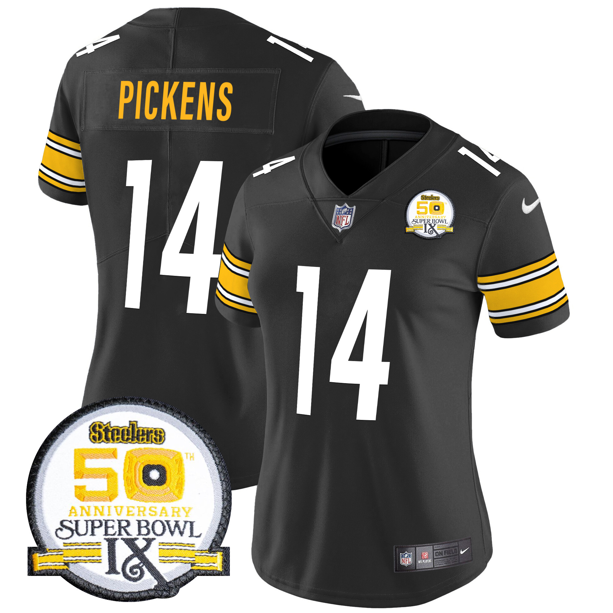 George Pickens Women's Pittsburgh Steelers 50th Anniversary Of Super Bowl IX Patch Vapor Limited Black Jersey - All Stitched