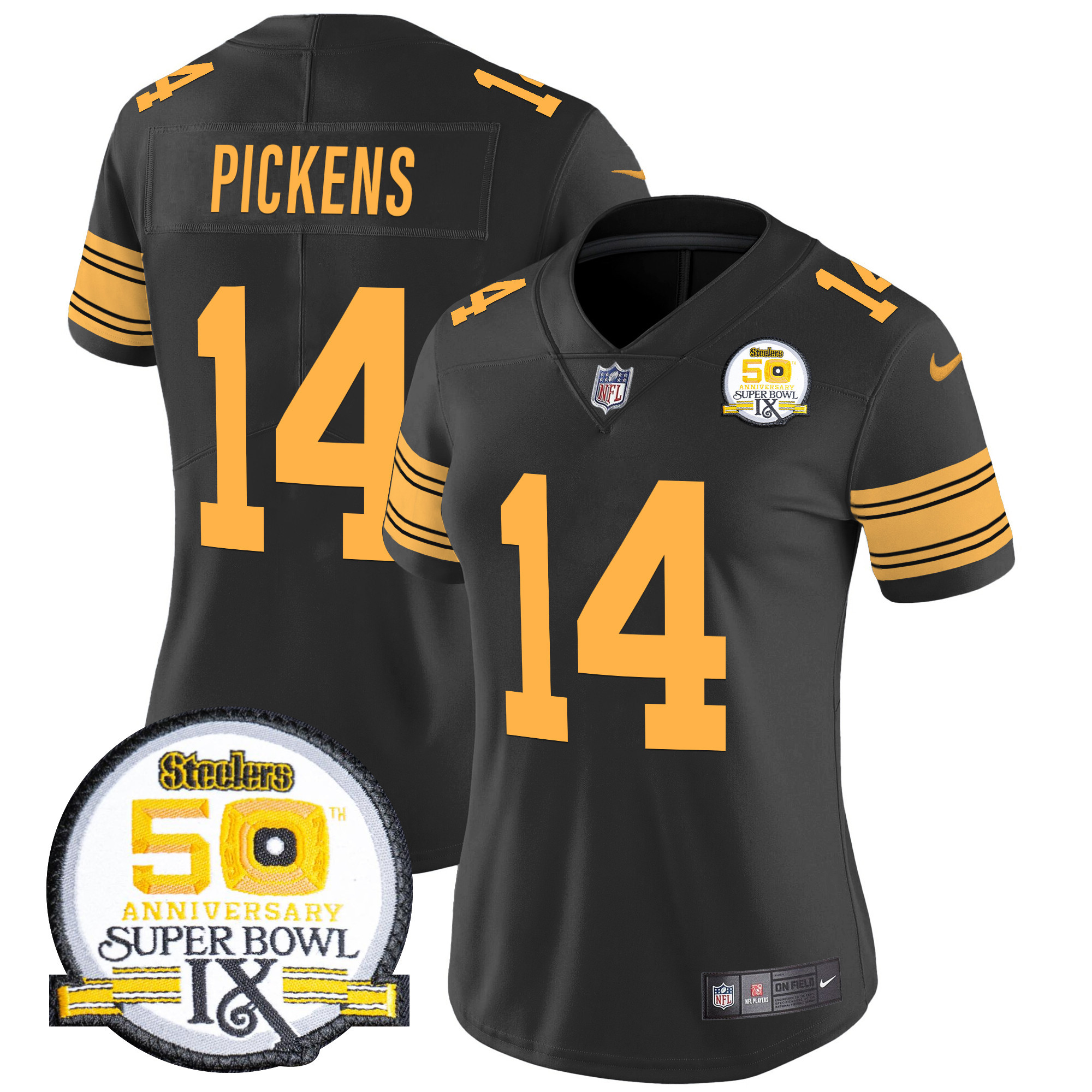 George Pickens Women's Pittsburgh Steelers 50th Anniversary Of Super Bowl IX Patch Vapor Limited Color Rush Jersey - All Stitched