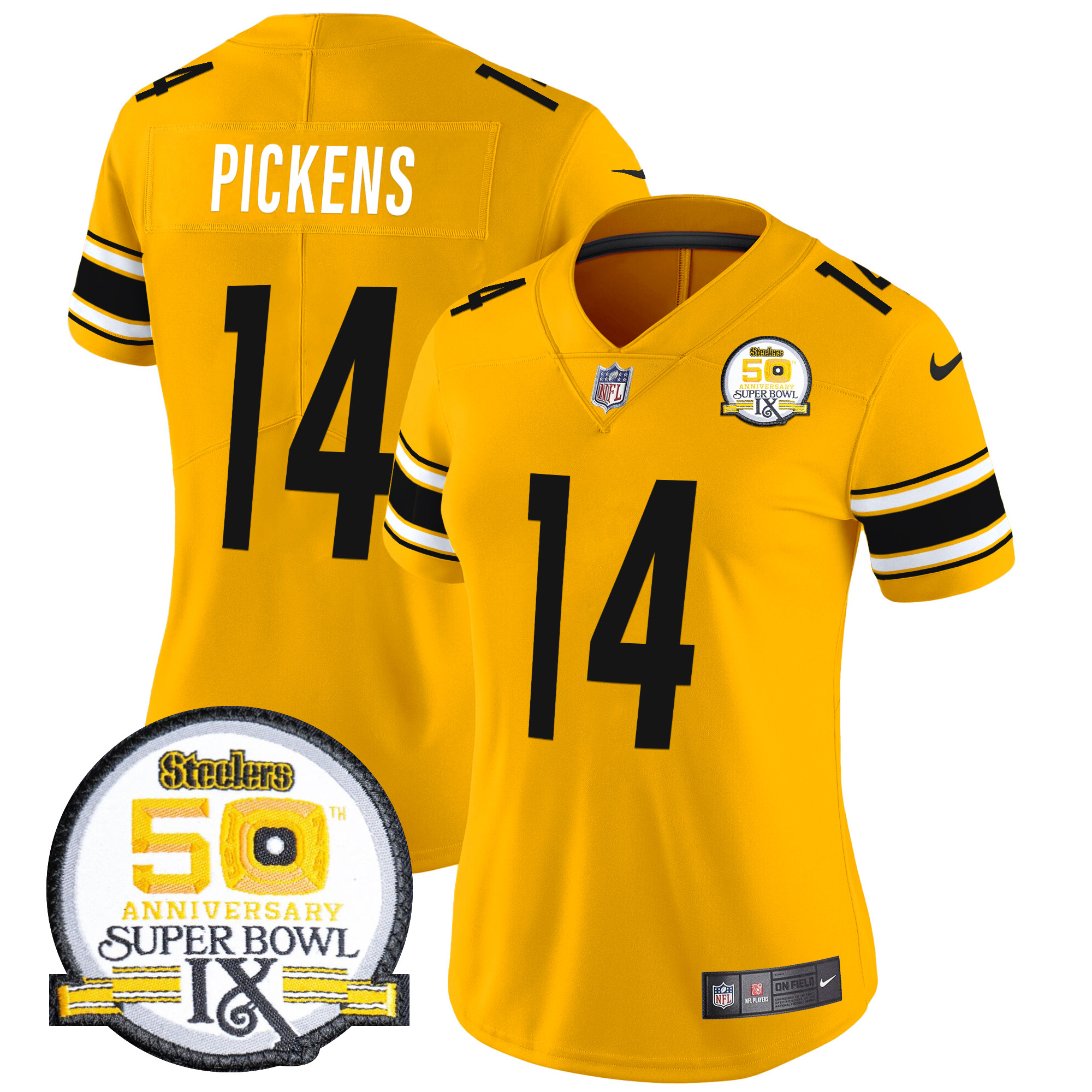 George Pickens Women's Pittsburgh Steelers 50th Anniversary Of Super Bowl IX Patch Vapor Limited Gold Jersey - All Stitched