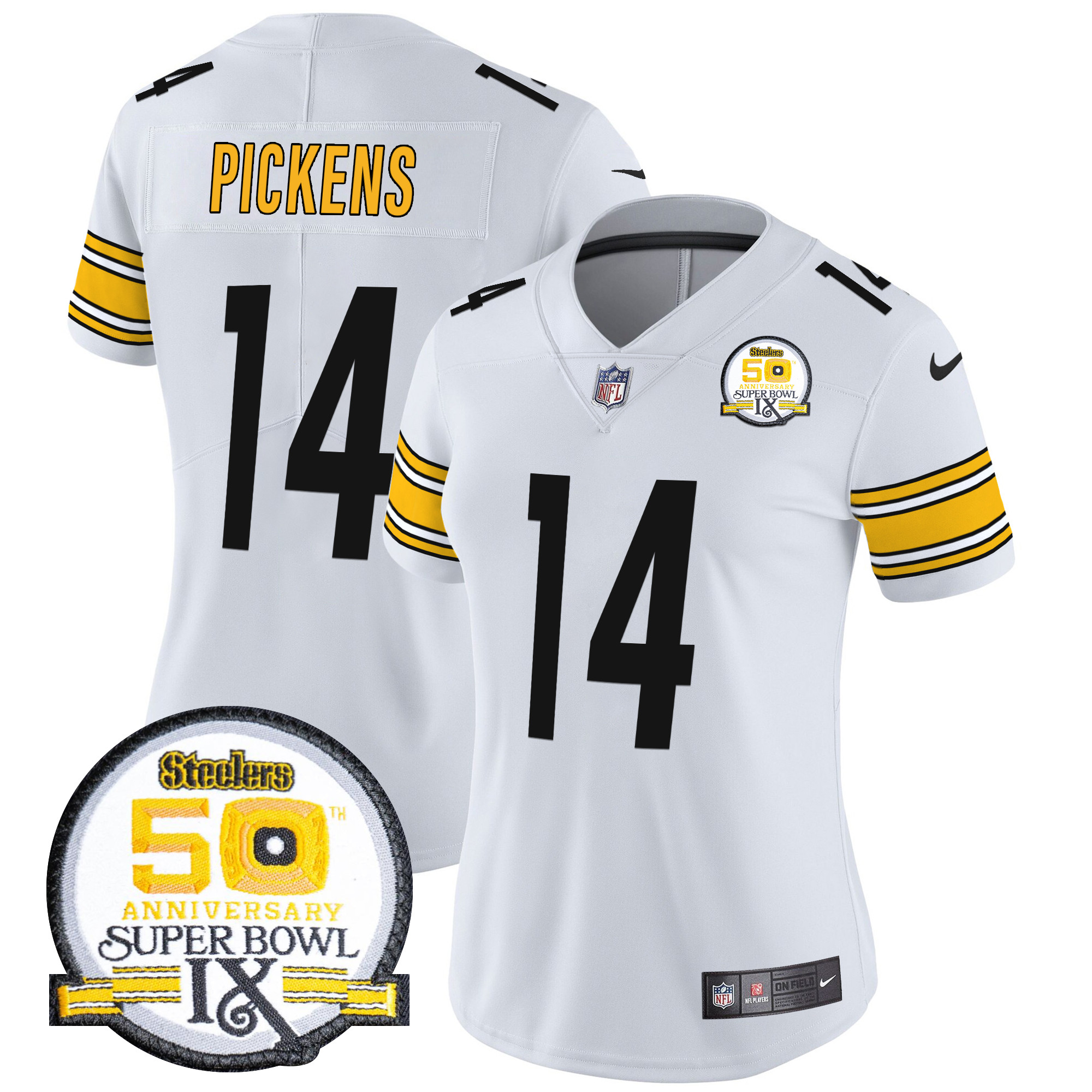 George Pickens Women's Pittsburgh Steelers 50th Anniversary Of Super Bowl IX Patch Vapor Limited White Jersey - All Stitched