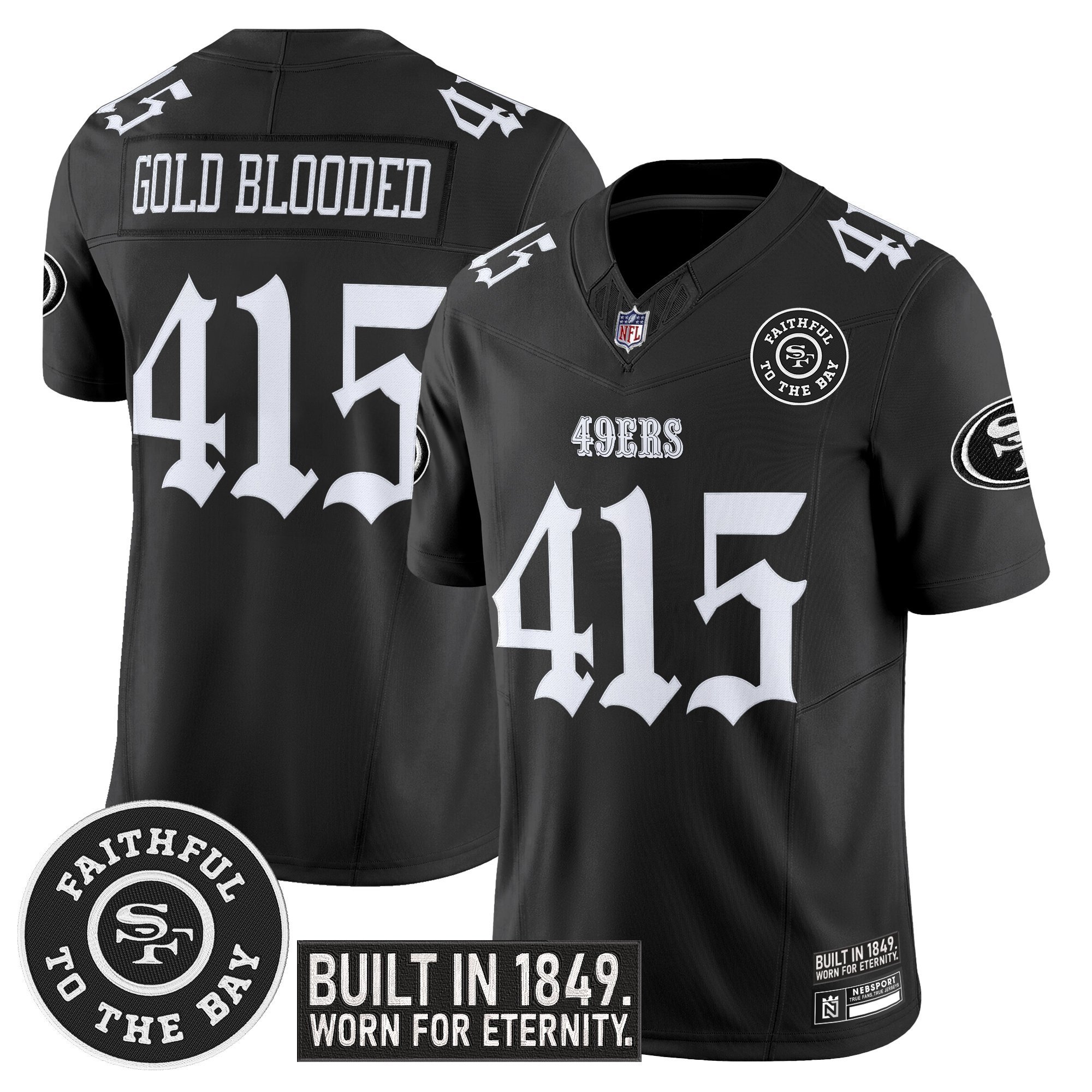 Gold Blooded 415 Men's San Francisco 49ers 'Fog City Gothic Edition' Vapor Limited Black Jersey - All Stitched