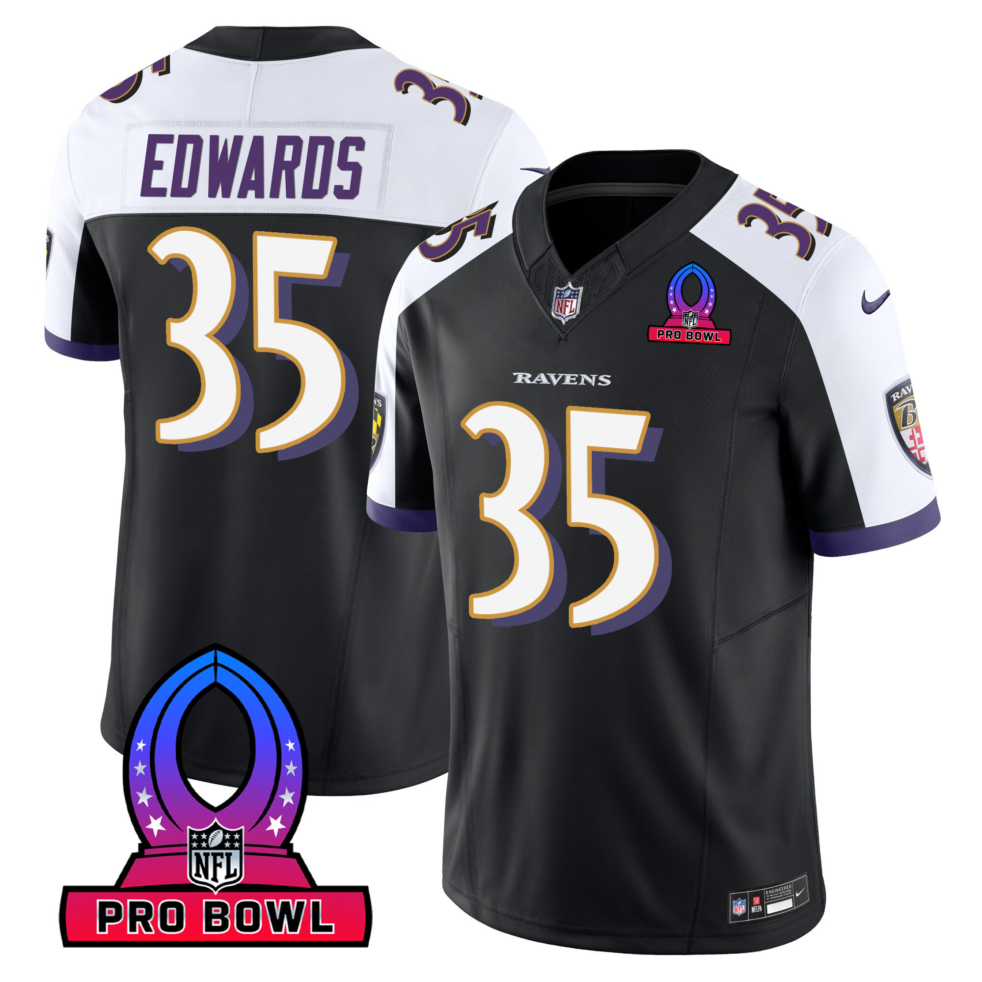 Gus Edwards Men's Baltimore Ravens 2024 Pro Bowl Patch Vapor Black Alternate Jersey - All Stitched