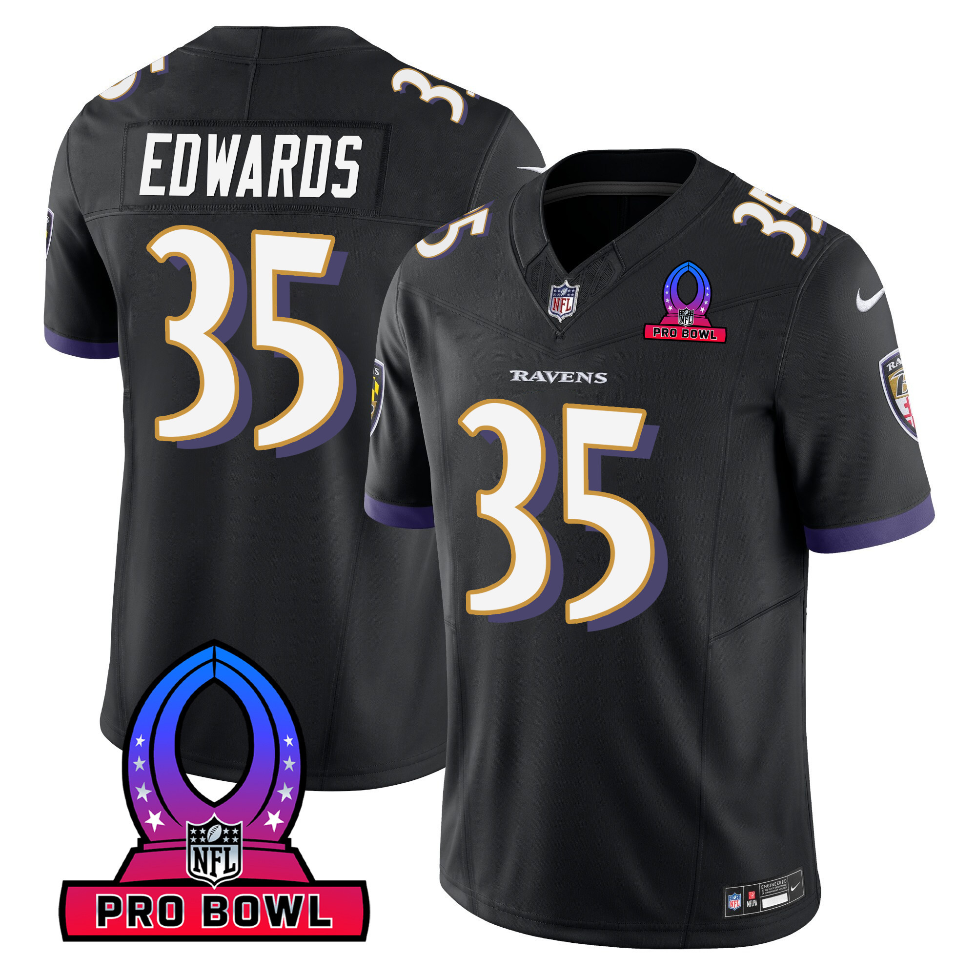 Gus Edwards Men's Baltimore Ravens 2024 Pro Bowl Patch Vapor Black Jersey - All Stitched