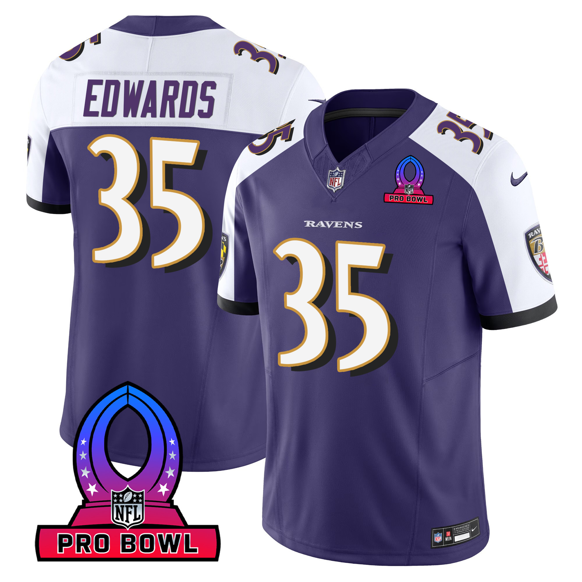 Gus Edwards Men's Baltimore Ravens 2024 Pro Bowl Patch Vapor Purple Alternate Jersey - All Stitched
