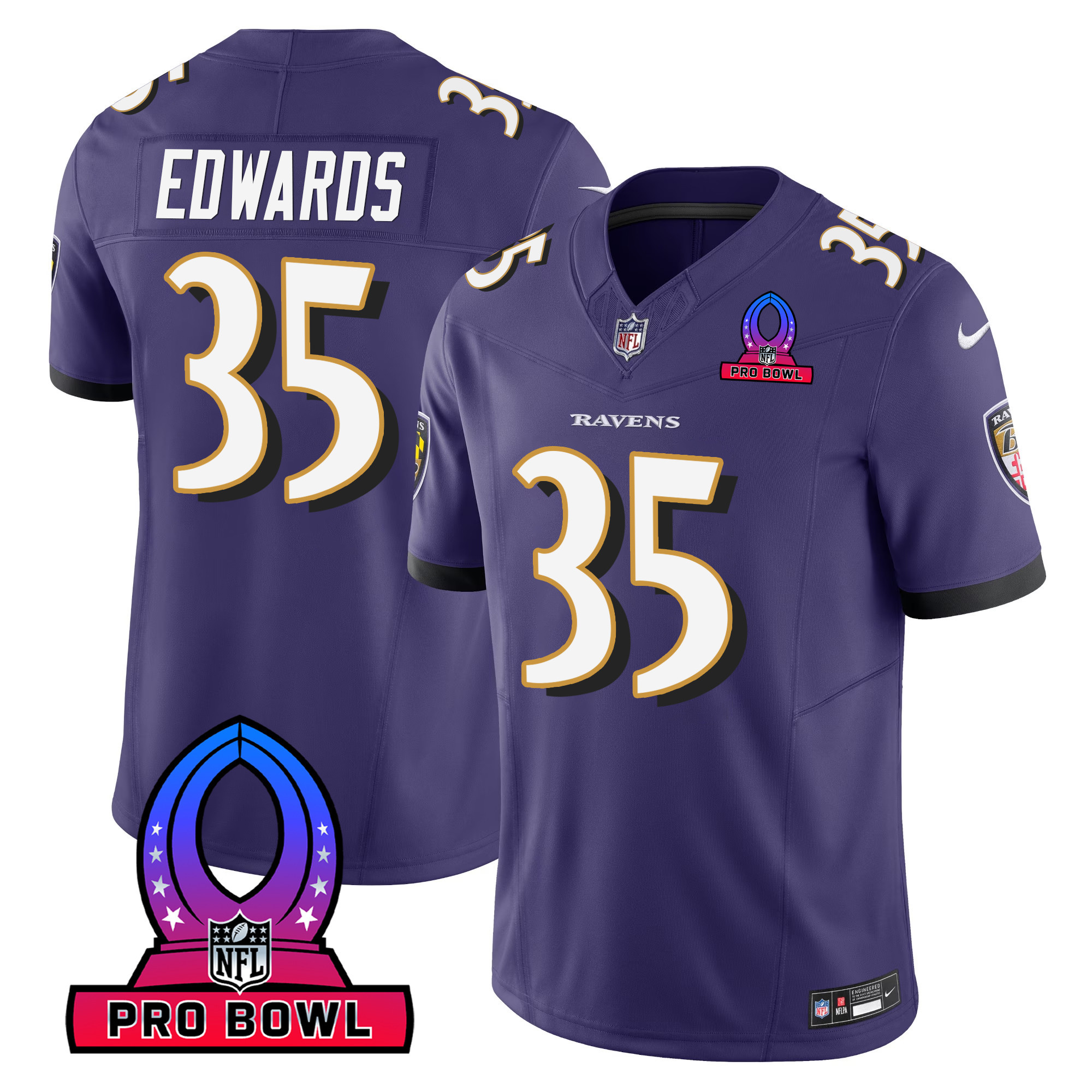 Gus Edwards Men's Baltimore Ravens 2024 Pro Bowl Patch Vapor Purple Jersey - All Stitched