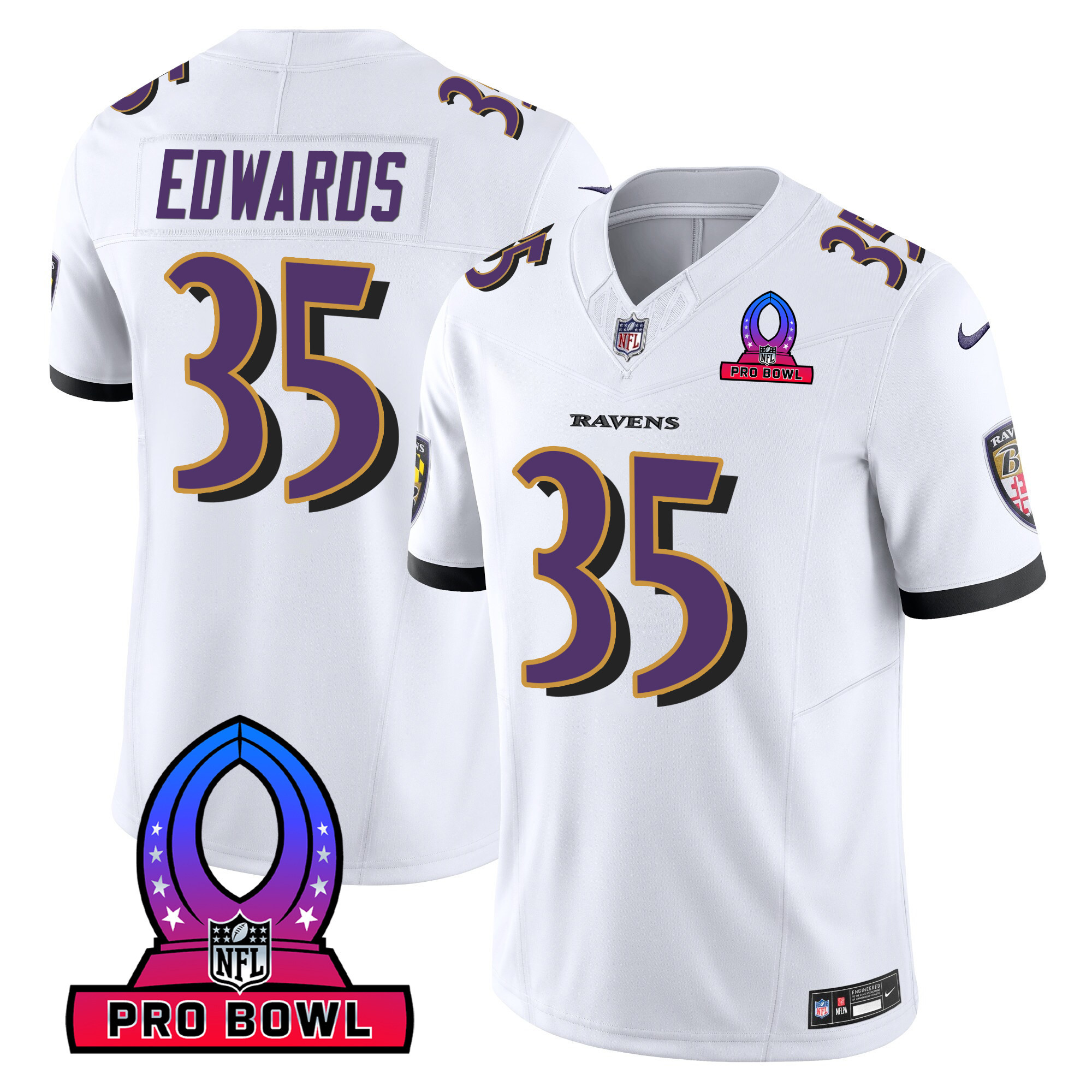 Gus Edwards Men's Baltimore Ravens 2024 Pro Bowl Patch Vapor White Jersey - All Stitched