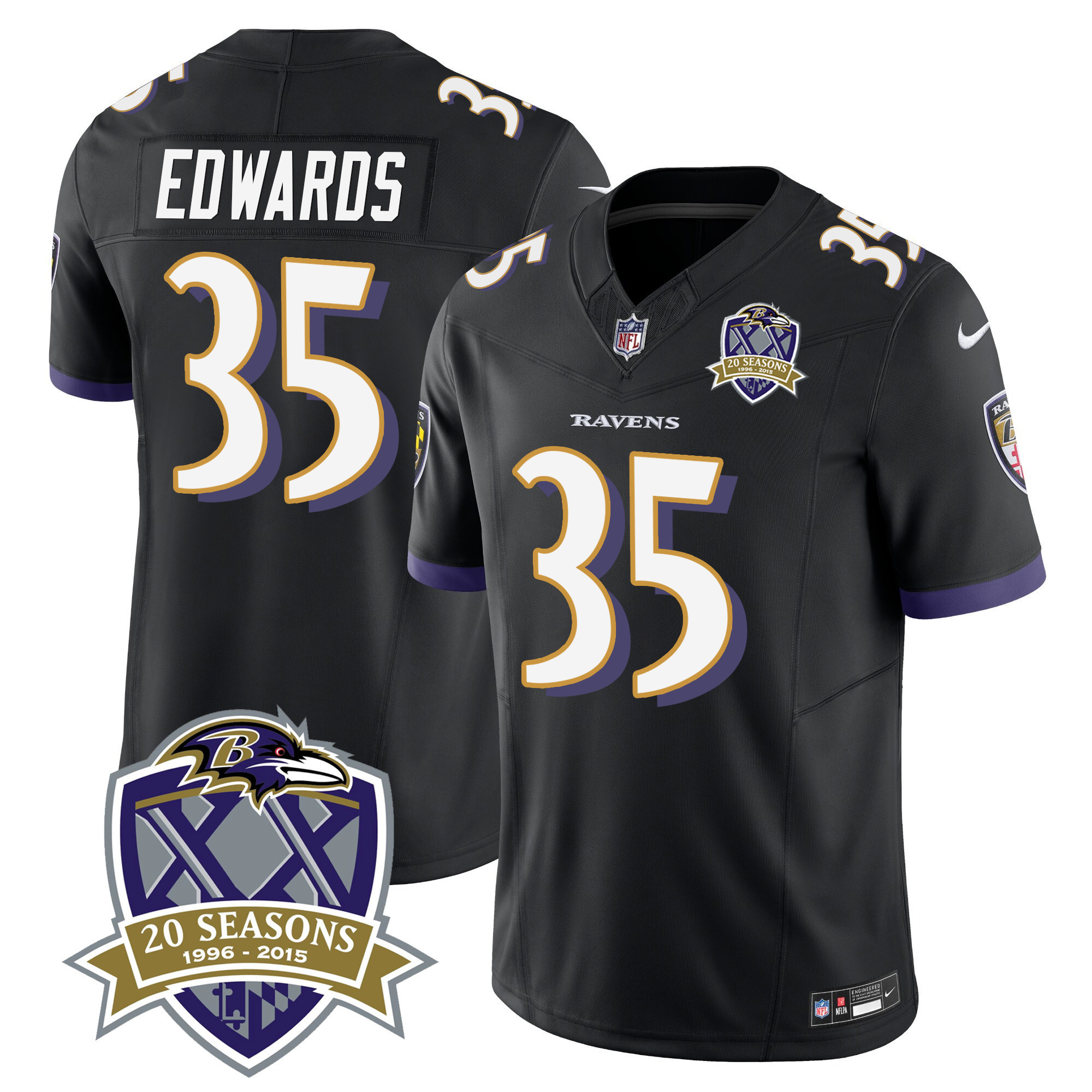 Gus Edwards Men's Baltimore Ravens 20th Season Patch Vapor Limited Black Jersey - All Stitched
