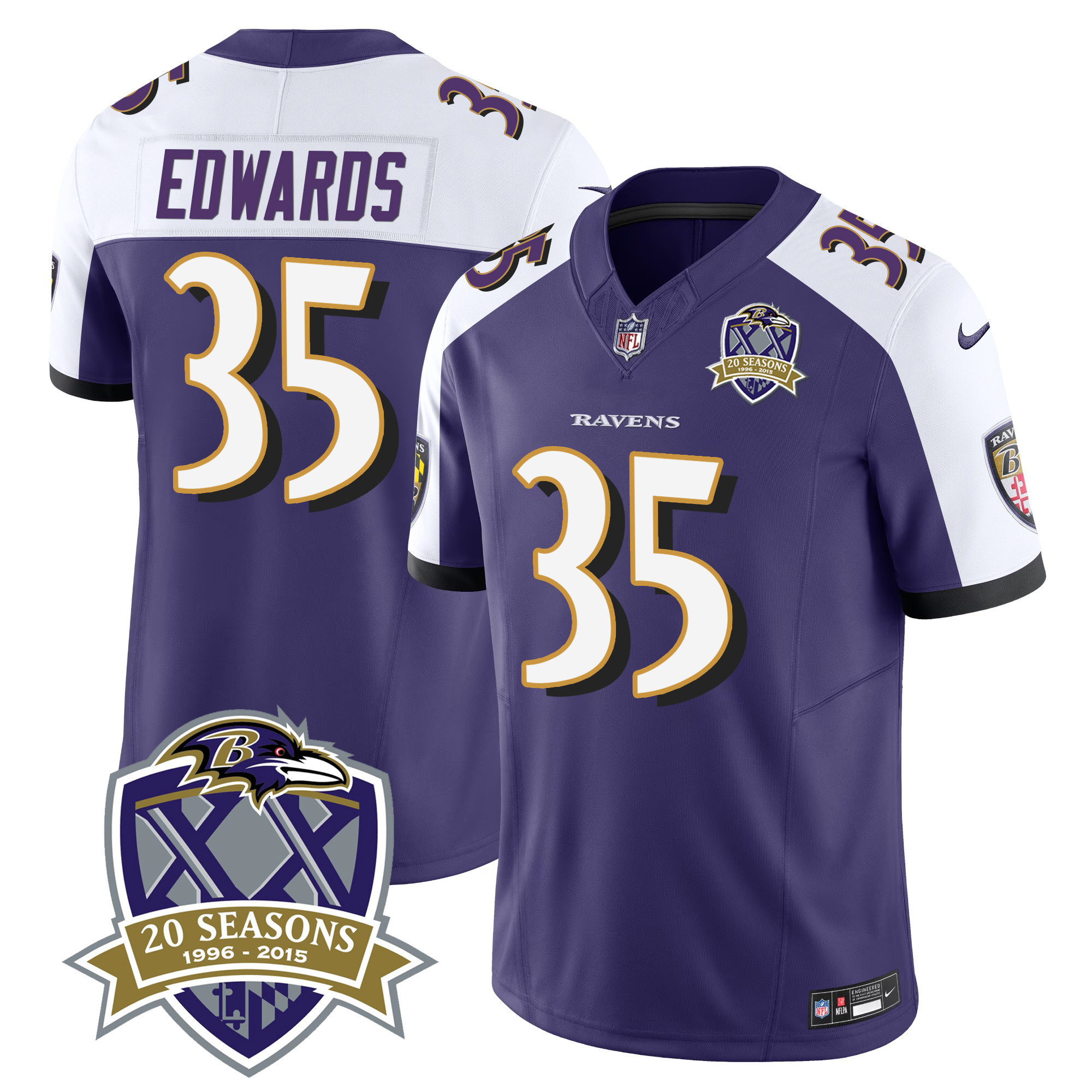 Gus Edwards Men's Baltimore Ravens 20th Season Patch Vapor Limited Purple Alternate Jersey - All Stitched