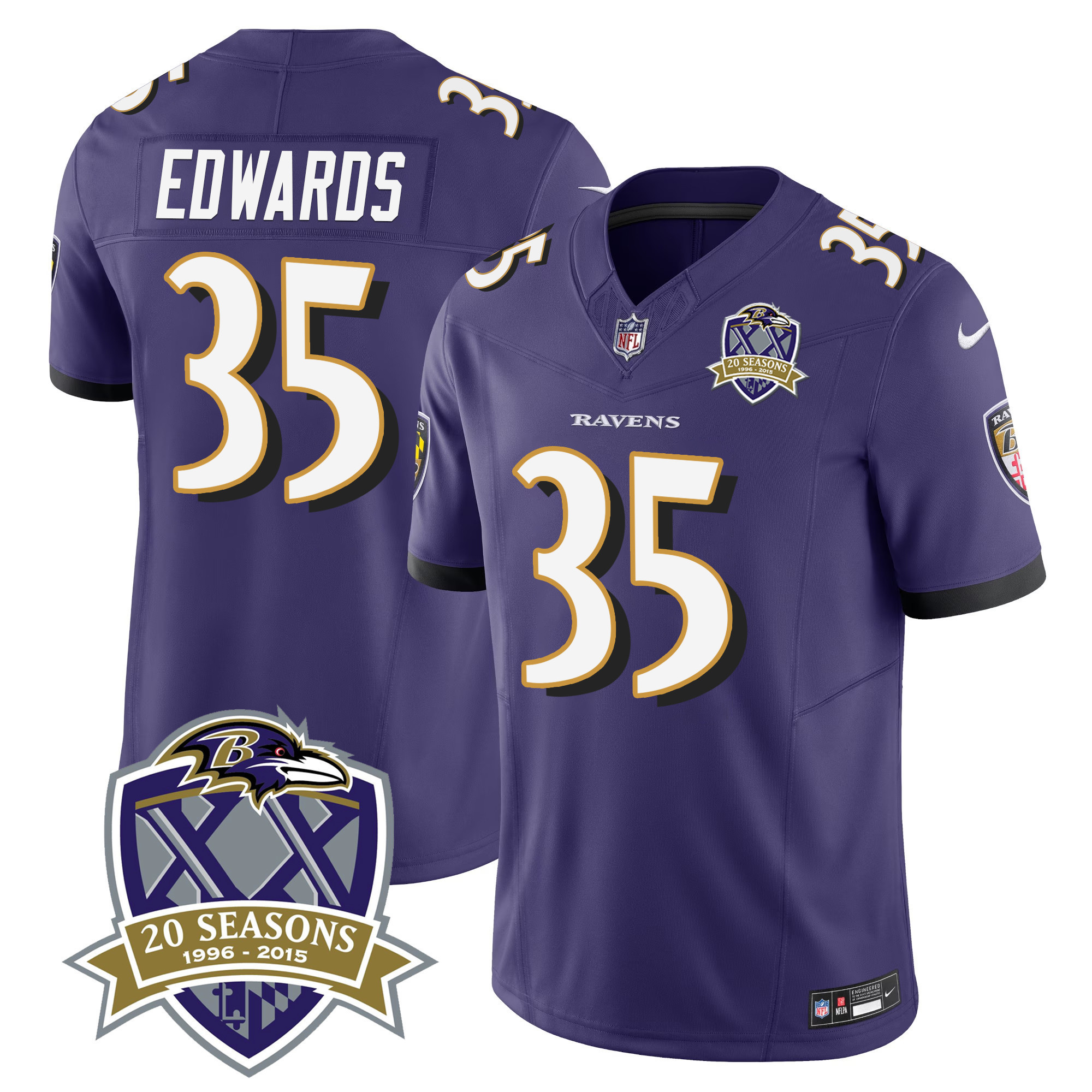Gus Edwards Men's Baltimore Ravens 20th Season Patch Vapor Limited Purple Jersey - All Stitched
