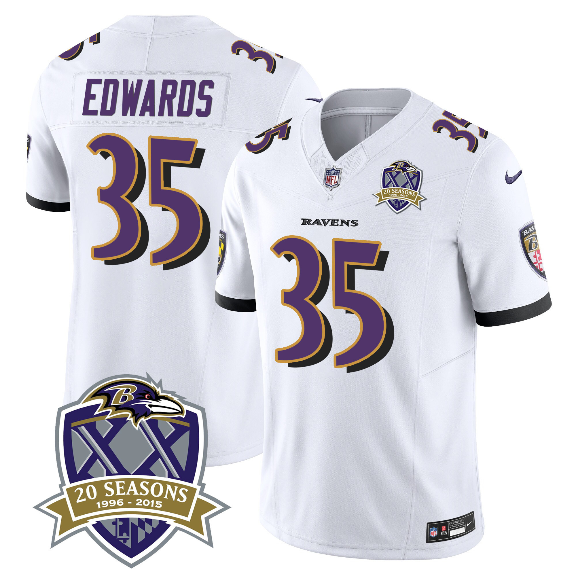 Gus Edwards Men's Baltimore Ravens 20th Season Patch Vapor Limited White Jersey - All Stitched