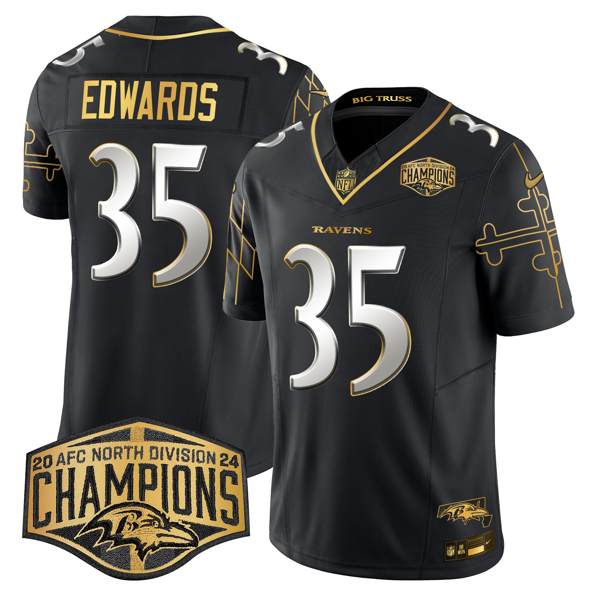 Gus Edwards Men's Baltimore Ravens Maryland Flag Map 2024 AFC North Division Champions Patch Gold Vapor Limited Black Limited Jersey - All Stitched