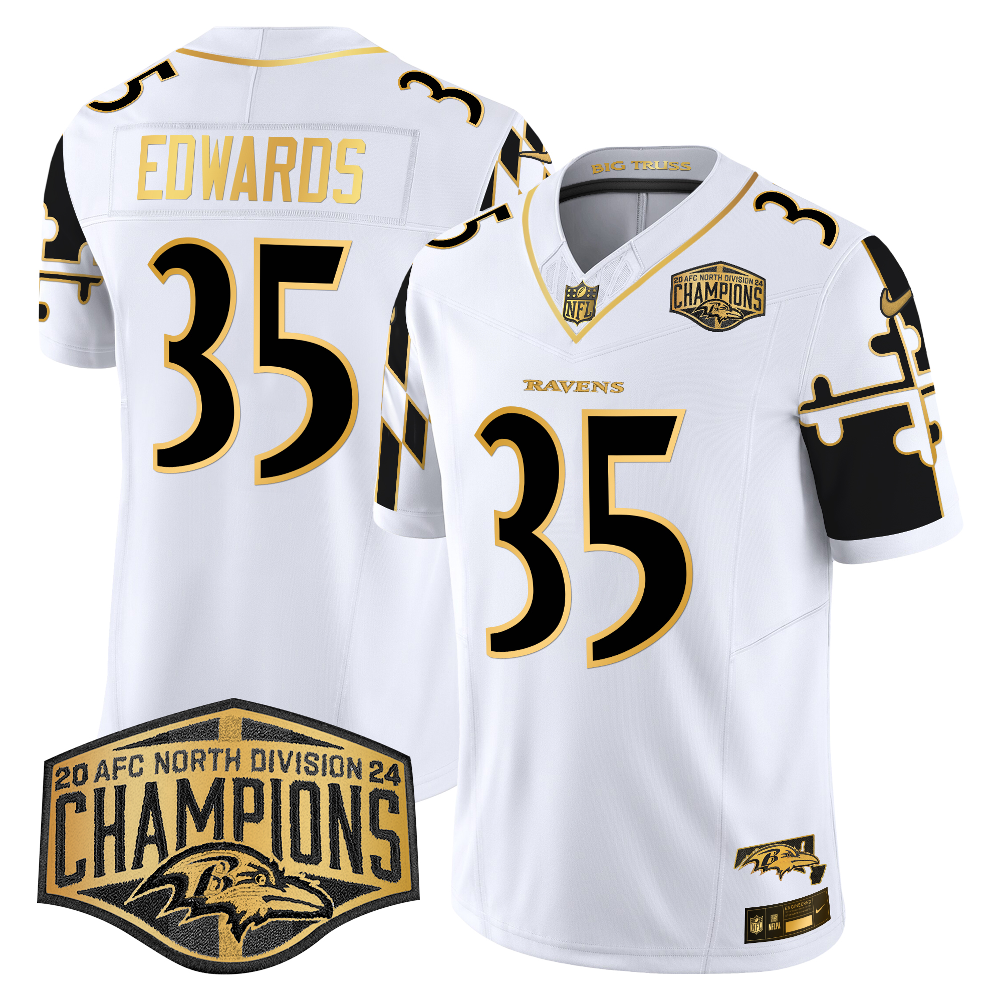 Gus Edwards Men's Baltimore Ravens Maryland Flag Map 2024 AFC North Division Champions Patch Gold Vapor Limited White Gold Jersey - All Stitched