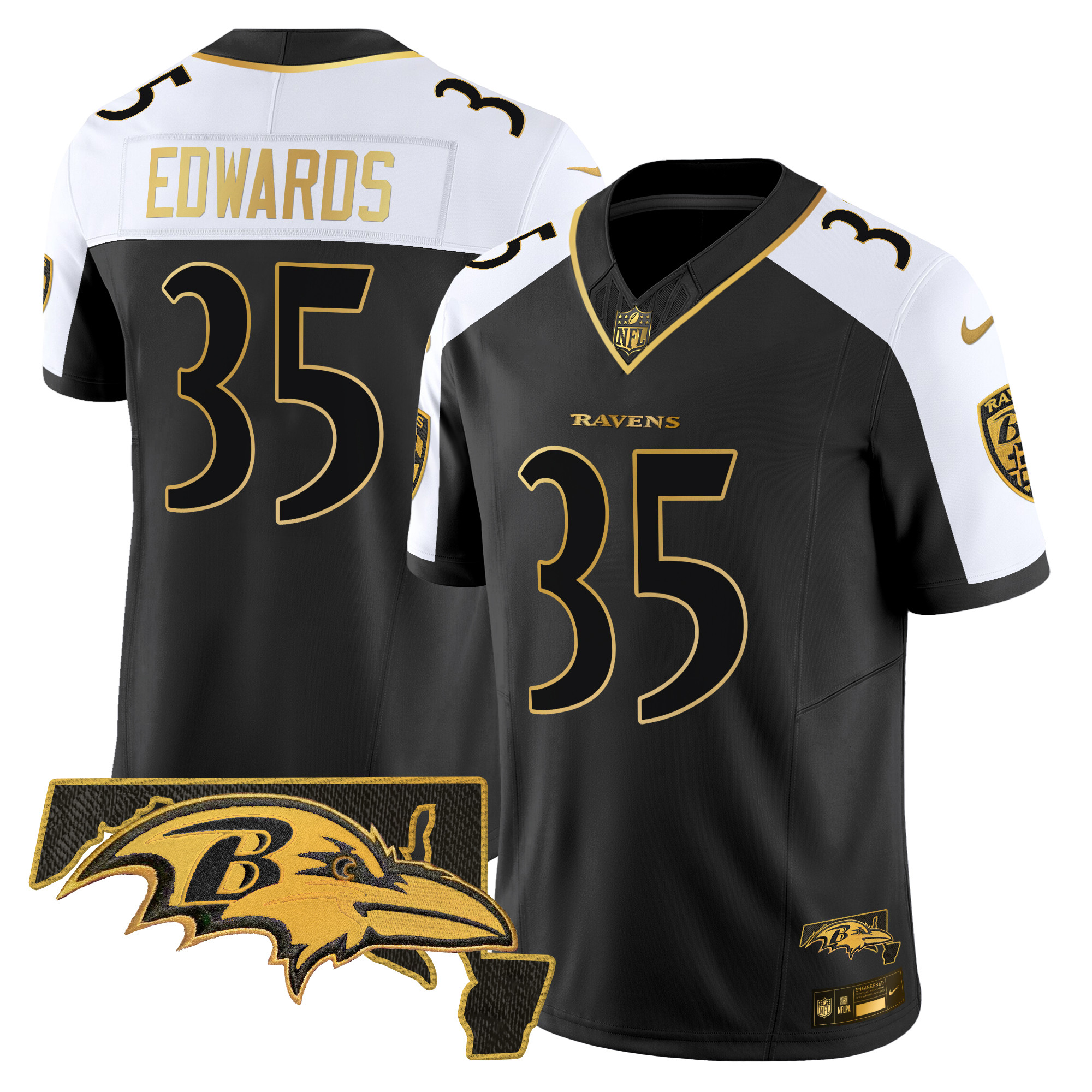 Gus Edwards Men's Baltimore Ravens Maryland Flag Map Patch Gold Vapor Limited Alternate Jersey - All Stitched