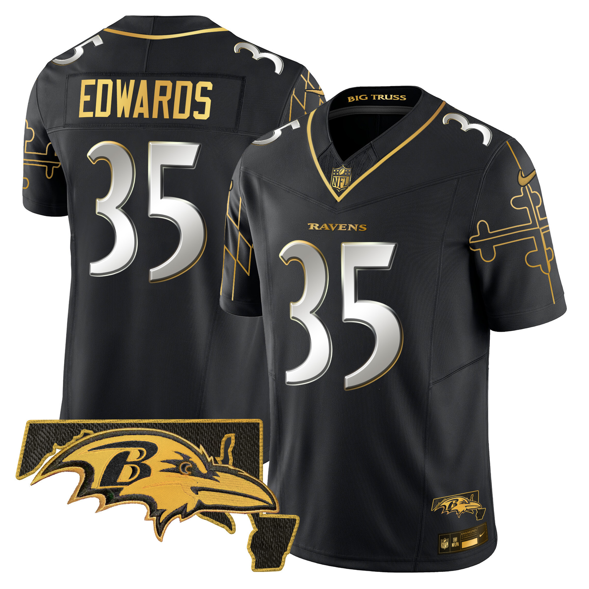 Gus Edwards Men's Baltimore Ravens Maryland Flag Map Patch Gold Vapor Limited Black Limited Jersey - All Stitched