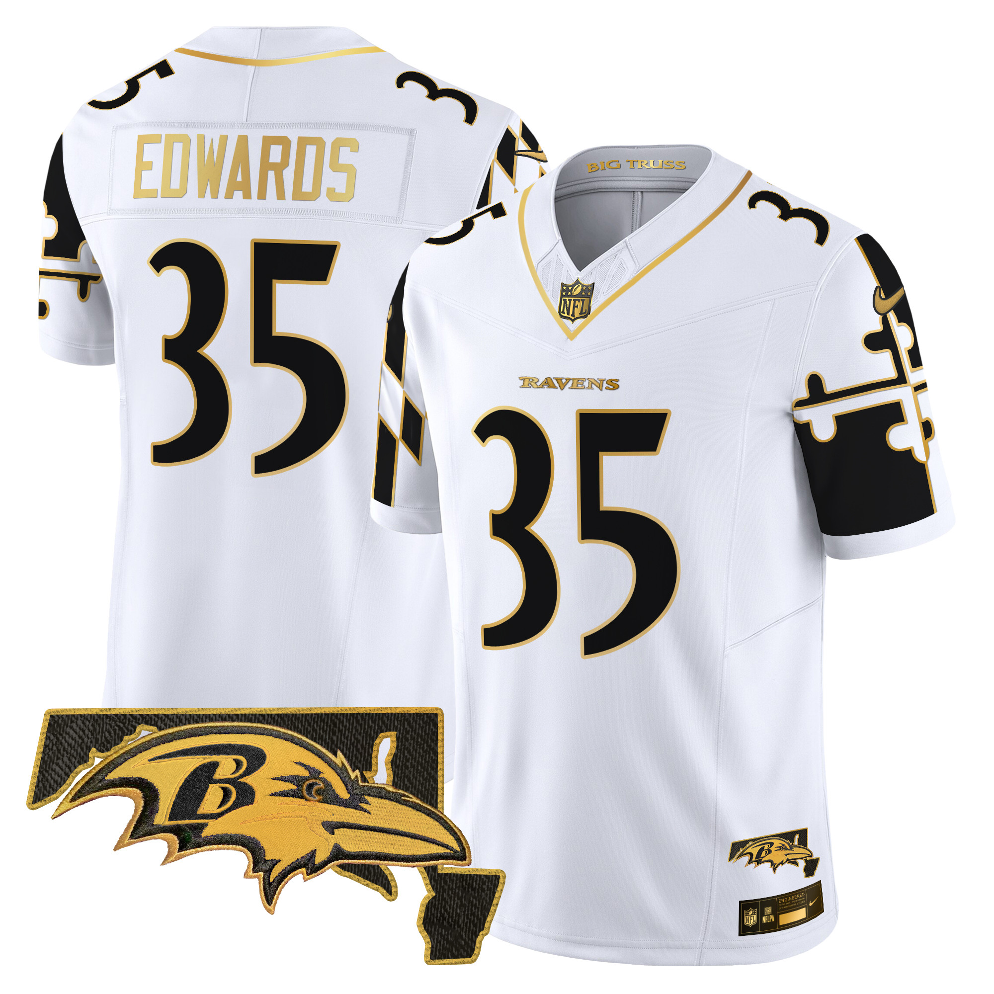 Gus Edwards Men's Baltimore Ravens Maryland Flag Map Patch Gold Vapor Limited White Gold Jersey - All Stitched